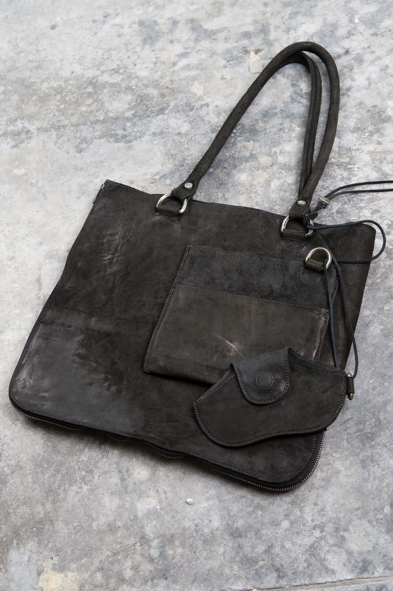 HORSE BUTT LEATHER BAG TOTO WB-2 UNLINED WITH MEDIUM PURSE AND GLASSES CASE PIECE DYED
