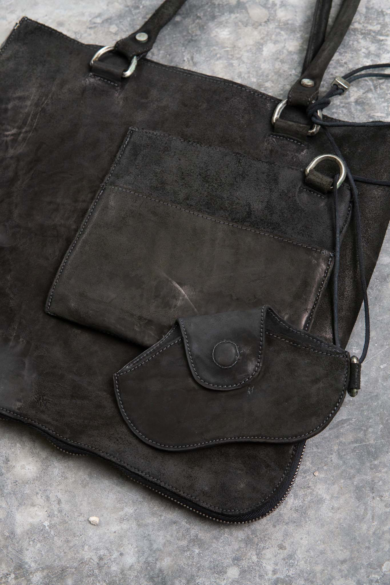 HORSE BUTT LEATHER BAG TOTO WB-2 UNLINED WITH MEDIUM PURSE AND GLASSES CASE PIECE DYED