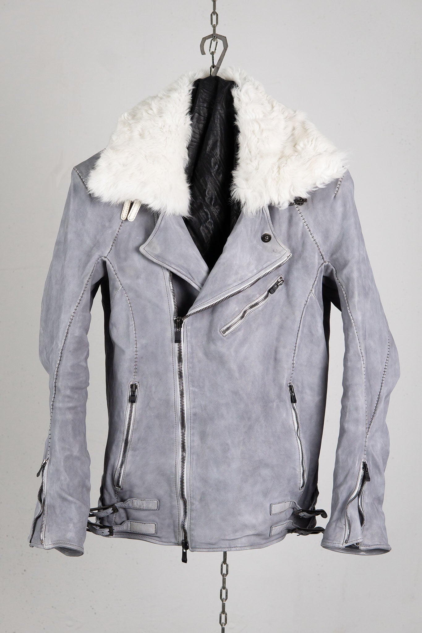 HORSE LEATHER DOUBLE BREAST MOTO LINED MB-2S WITH SHEARLING COLLAR