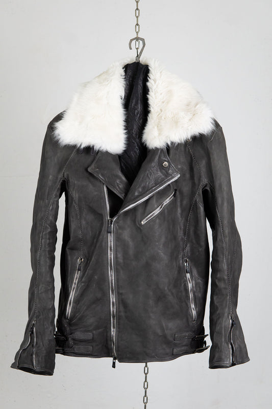 HORSE LEATHER DOUBLE BREAST MOTO LINED MB-2S WITH SHEARLING COLLAR