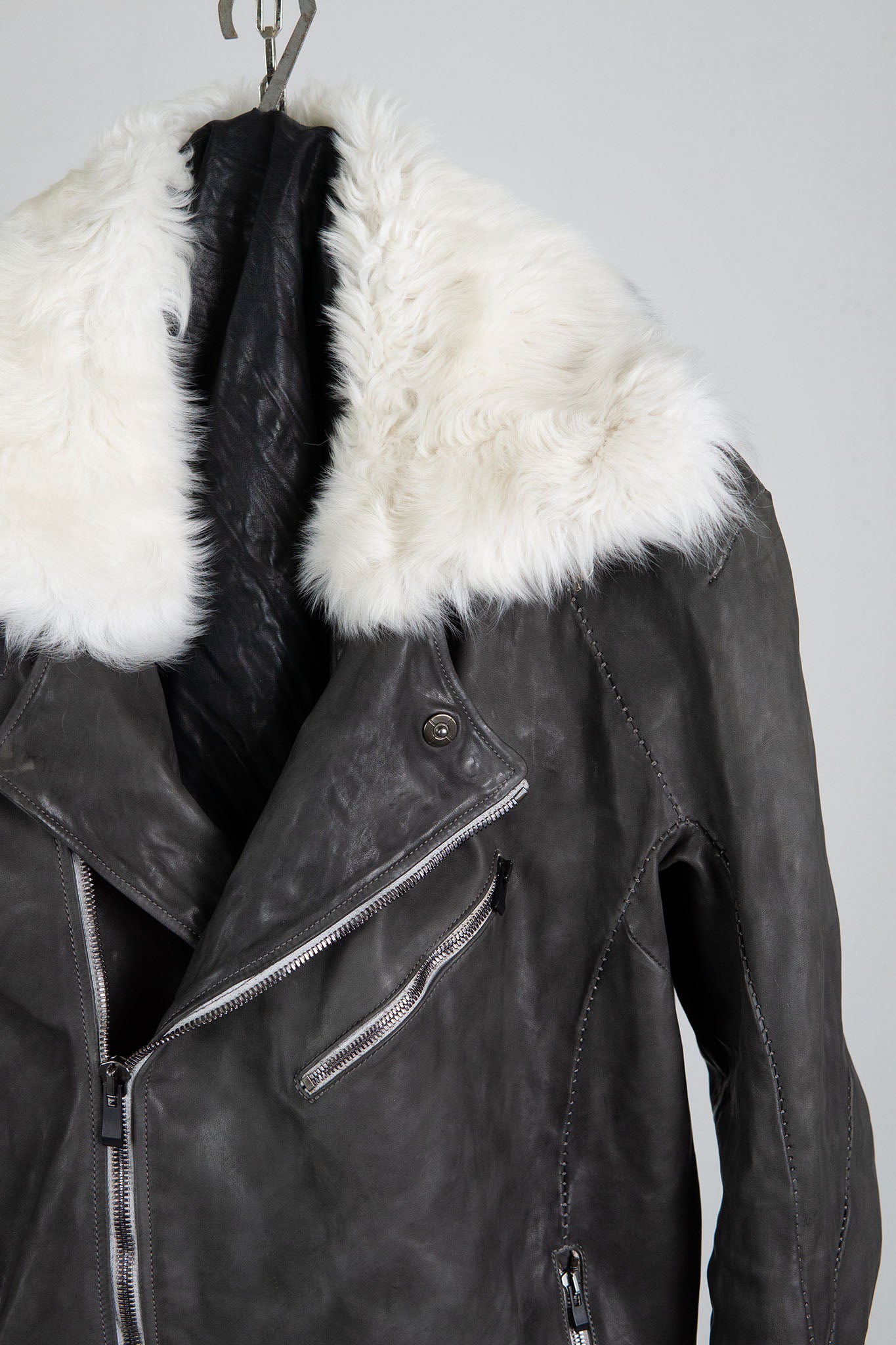 HORSE LEATHER DOUBLE BREAST MOTO LINED MB-2S WITH SHEARLING COLLAR