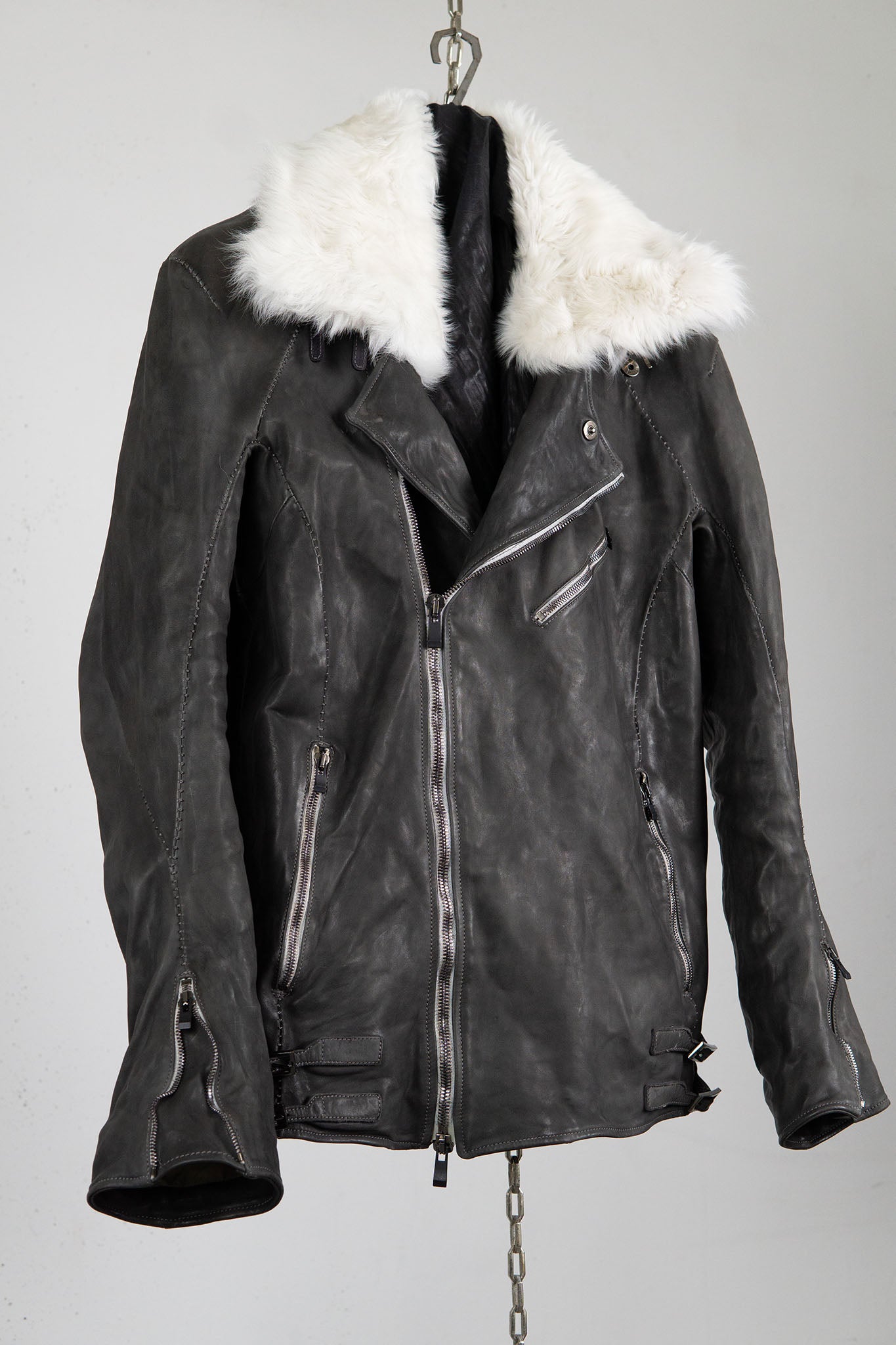 HORSE LEATHER DOUBLE BREAST MOTO LINED MB-2S WITH SHEARLING COLLAR