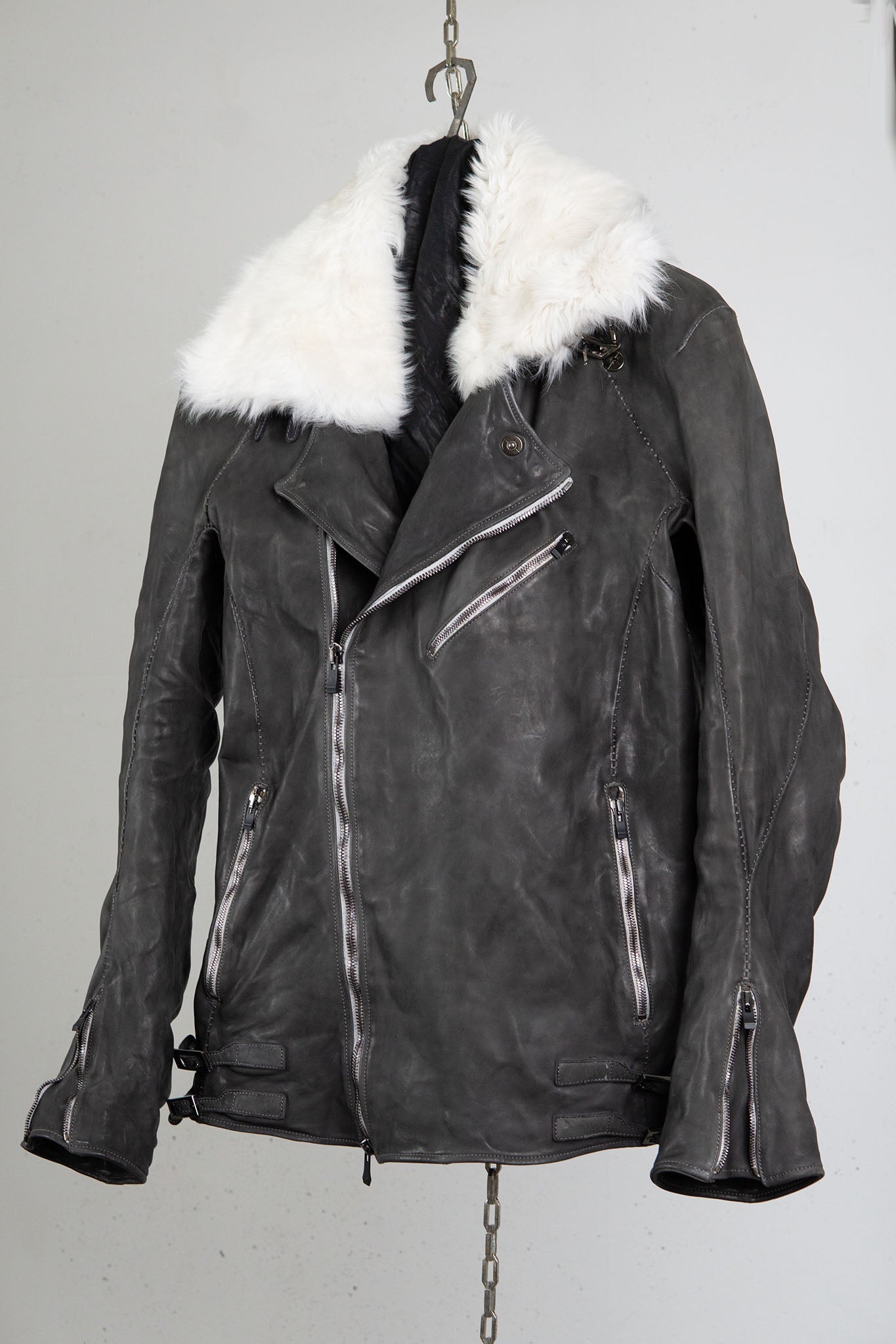 HORSE LEATHER DOUBLE BREAST MOTO LINED MB-2S WITH SHEARLING COLLAR