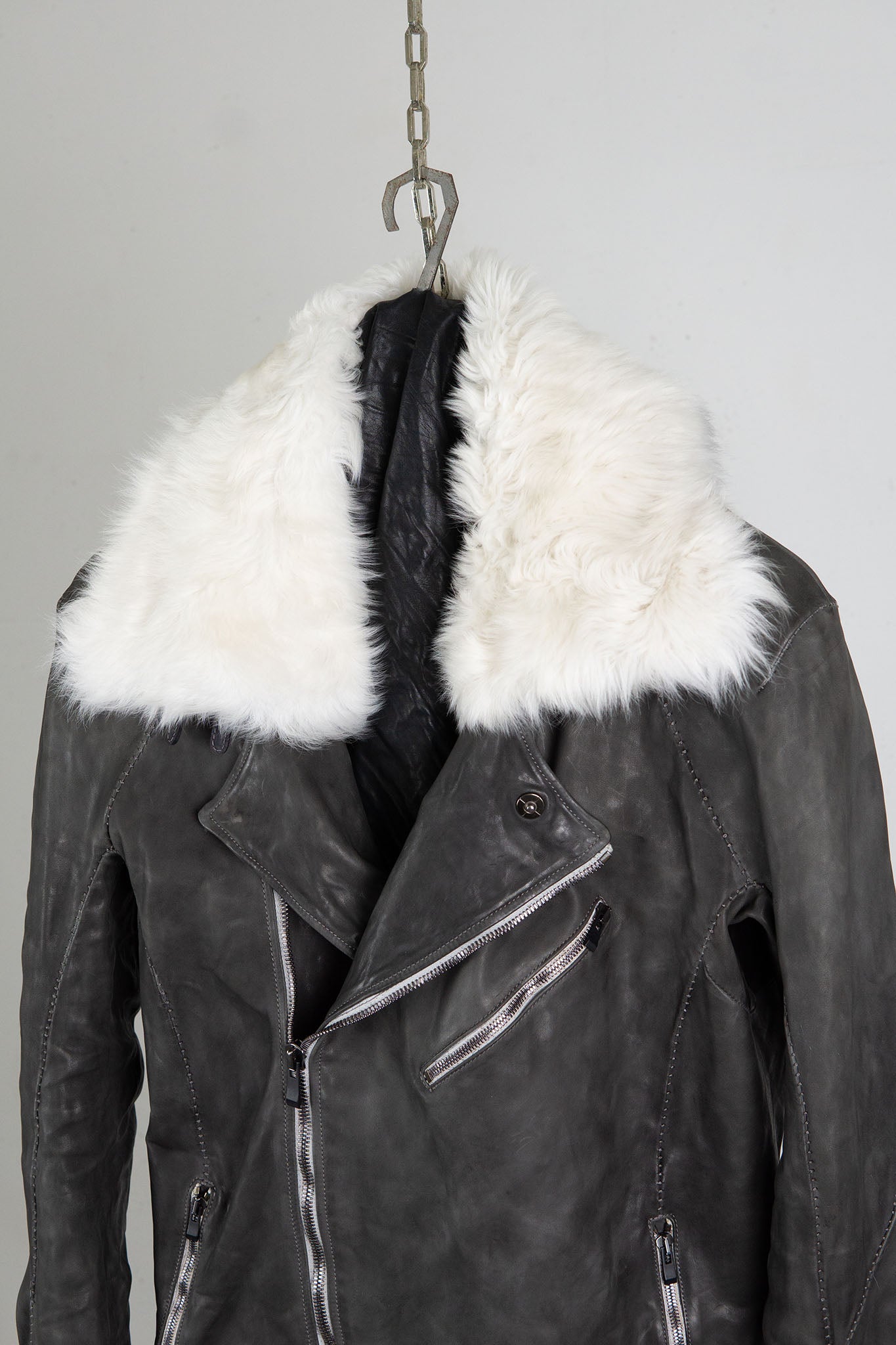 HORSE LEATHER DOUBLE BREAST MOTO LINED MB-2S WITH SHEARLING COLLAR
