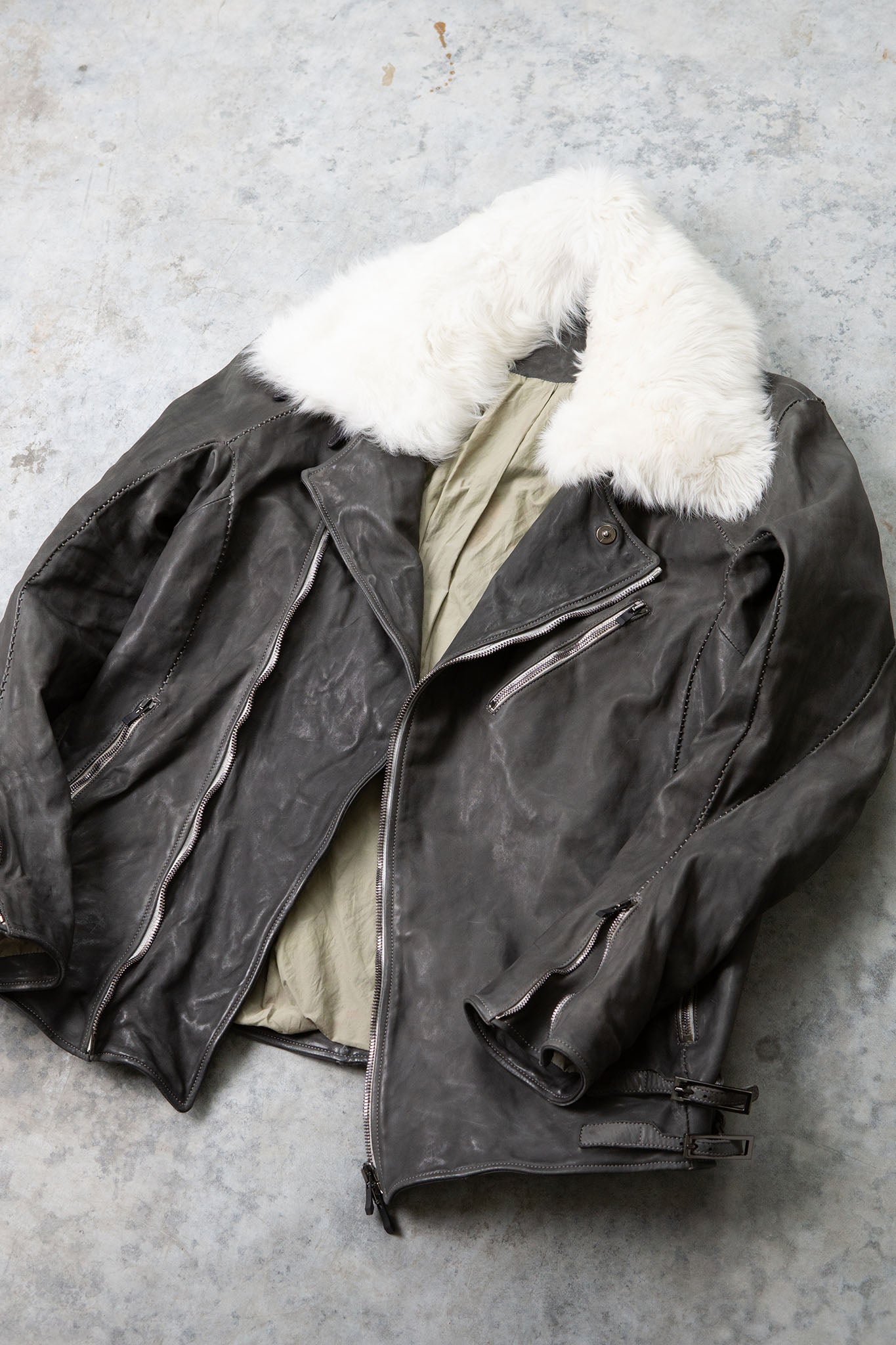 HORSE LEATHER DOUBLE BREAST MOTO LINED MB-2S WITH SHEARLING COLLAR