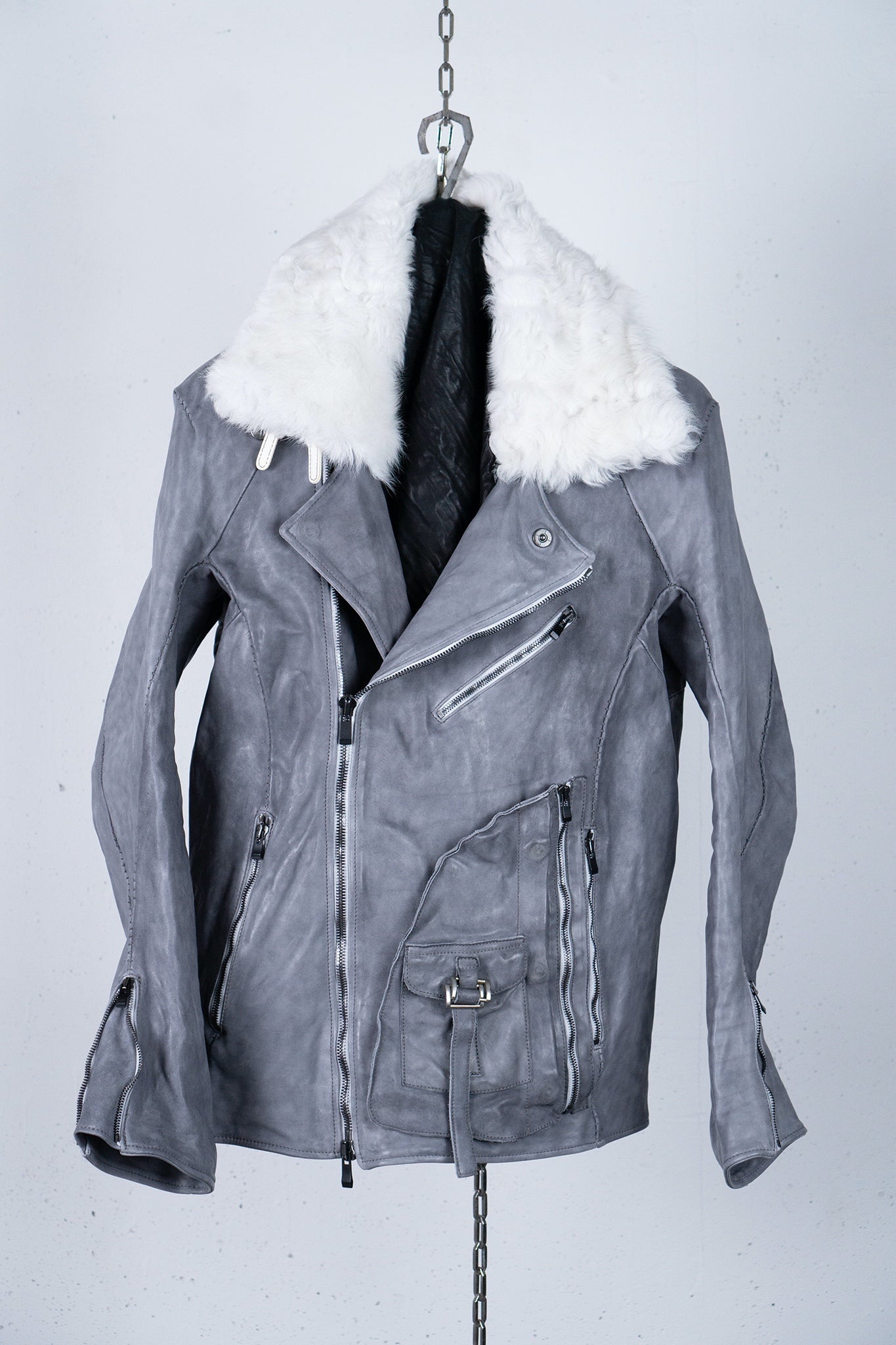 HORSE WHITE LEATHER DOUBLE BREAST MILITARY MOTO OVER POCKET MB-2 WITH SHEARLING COLLAR