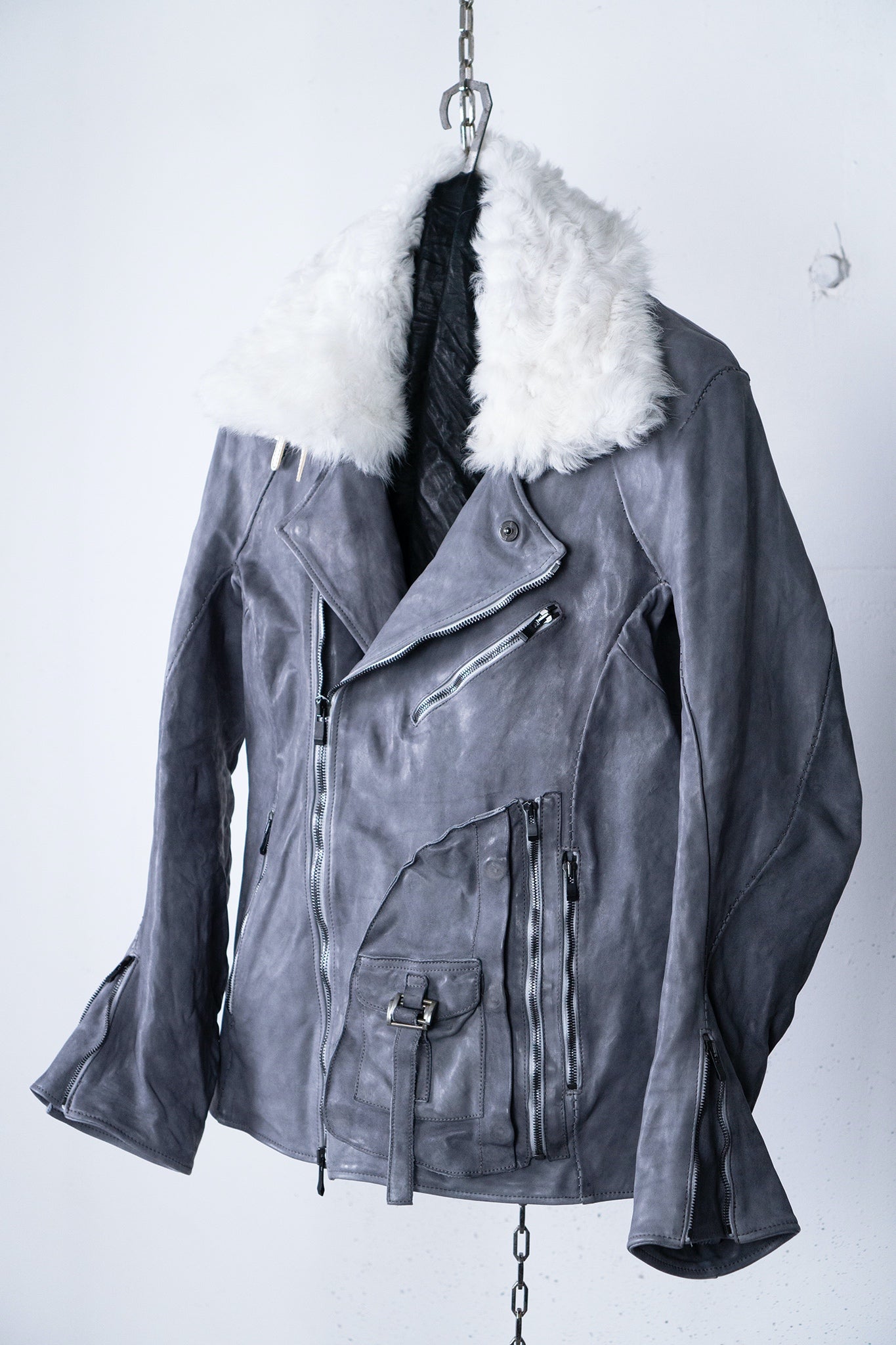 HORSE WHITE LEATHER DOUBLE BREAST MILITARY MOTO OVER POCKET MB-2 WITH SHEARLING COLLAR