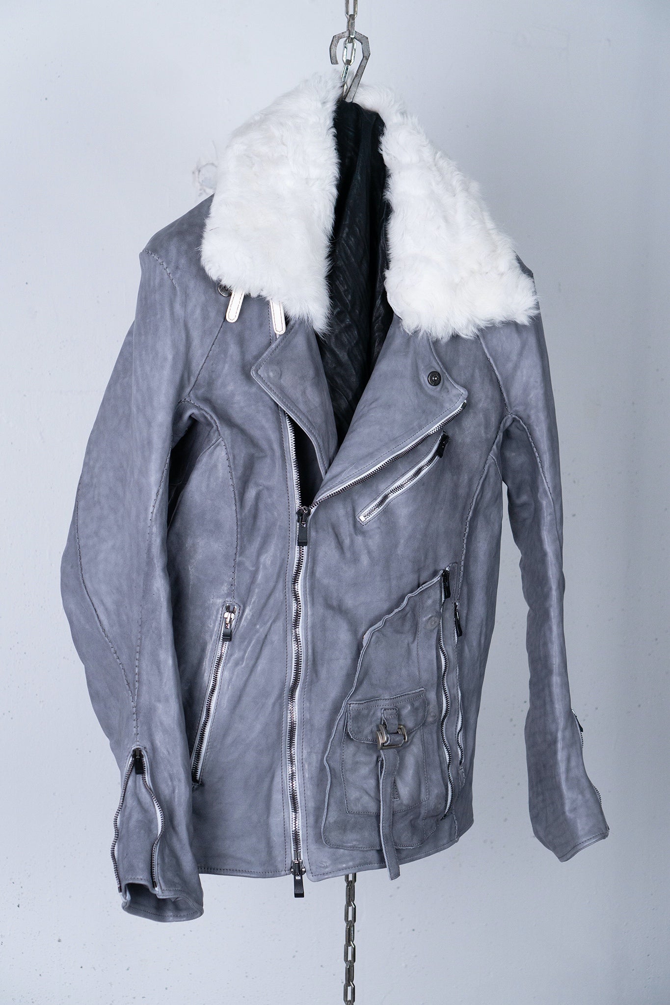 HORSE WHITE LEATHER DOUBLE BREAST MILITARY MOTO OVER POCKET MB-2 WITH SHEARLING COLLAR
