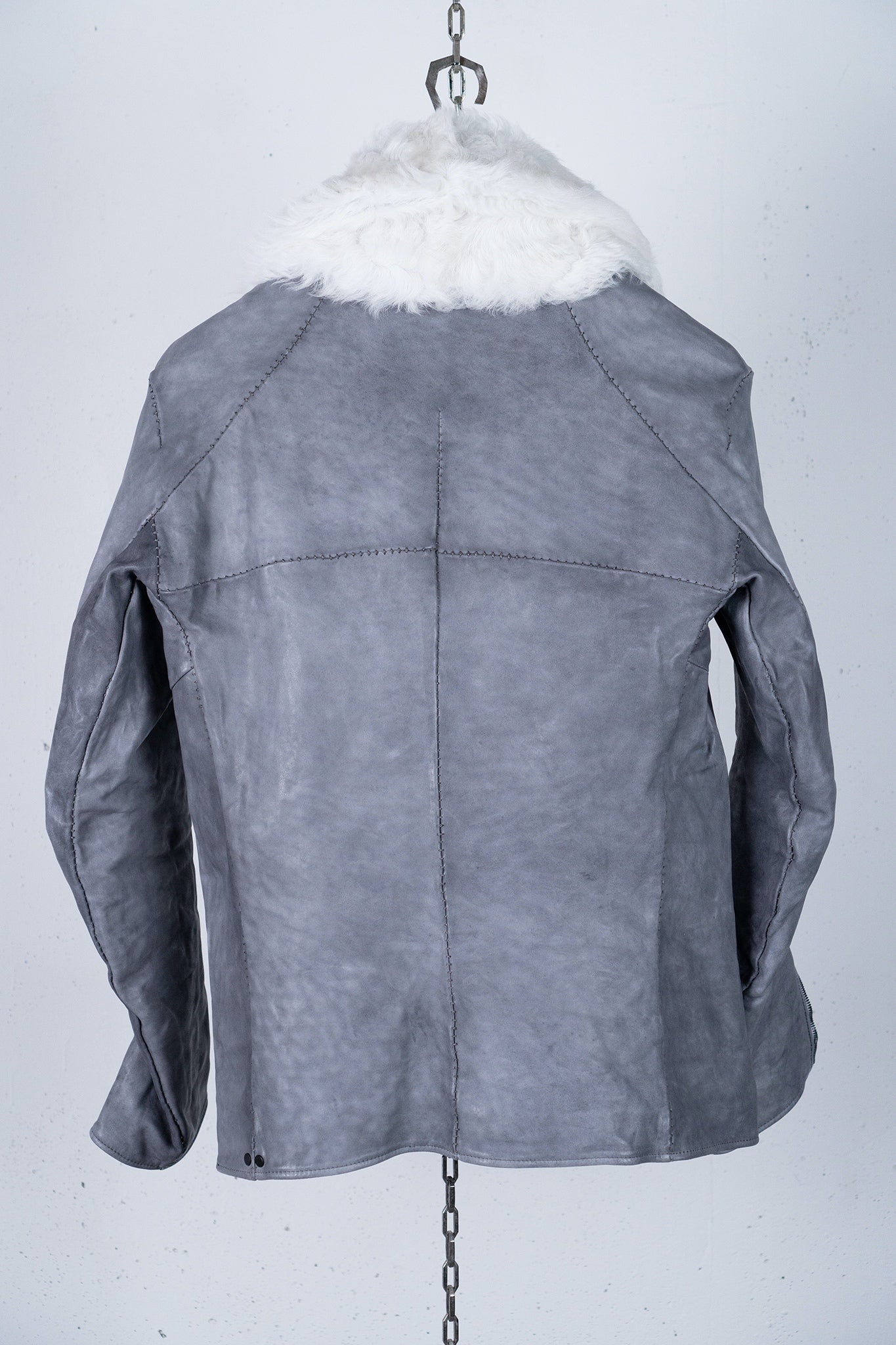 HORSE WHITE LEATHER DOUBLE BREAST MILITARY MOTO OVER POCKET MB-2 WITH SHEARLING COLLAR