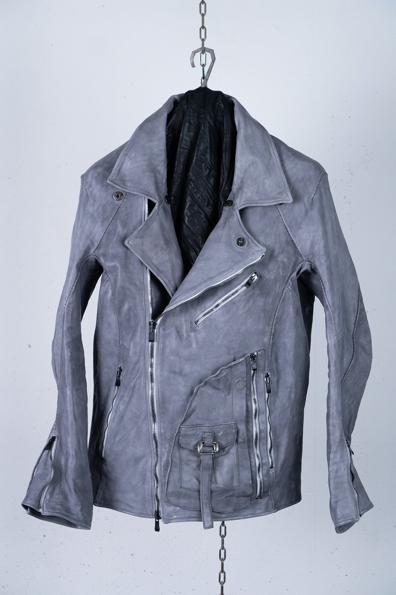 HORSE WHITE LEATHER DOUBLE BREAST MILITARY MOTO OVER POCKET MB-2 WITH SHEARLING COLLAR