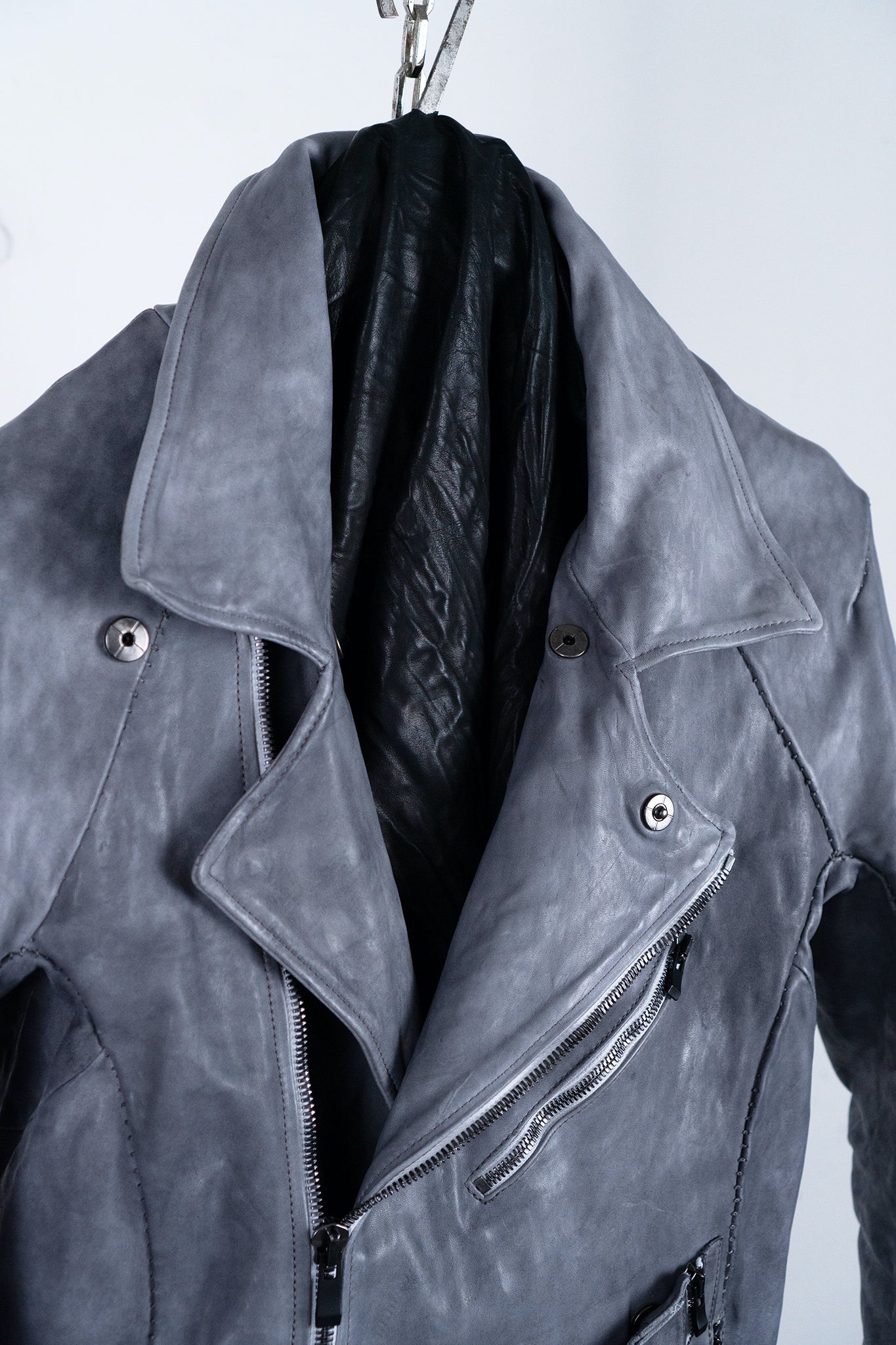 HORSE WHITE LEATHER DOUBLE BREAST MILITARY MOTO OVER POCKET MB-2 WITH SHEARLING COLLAR