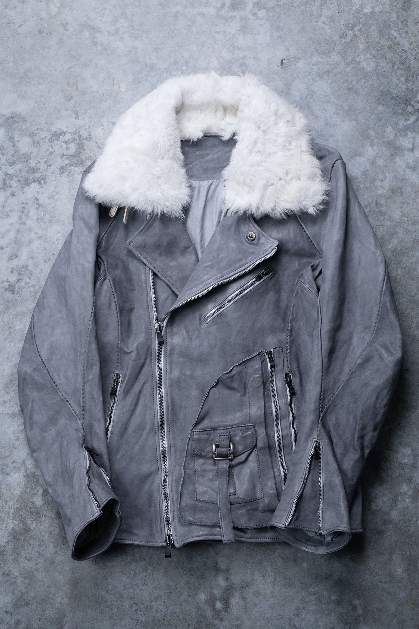 HORSE WHITE LEATHER DOUBLE BREAST MILITARY MOTO OVER POCKET MB-2 WITH SHEARLING COLLAR