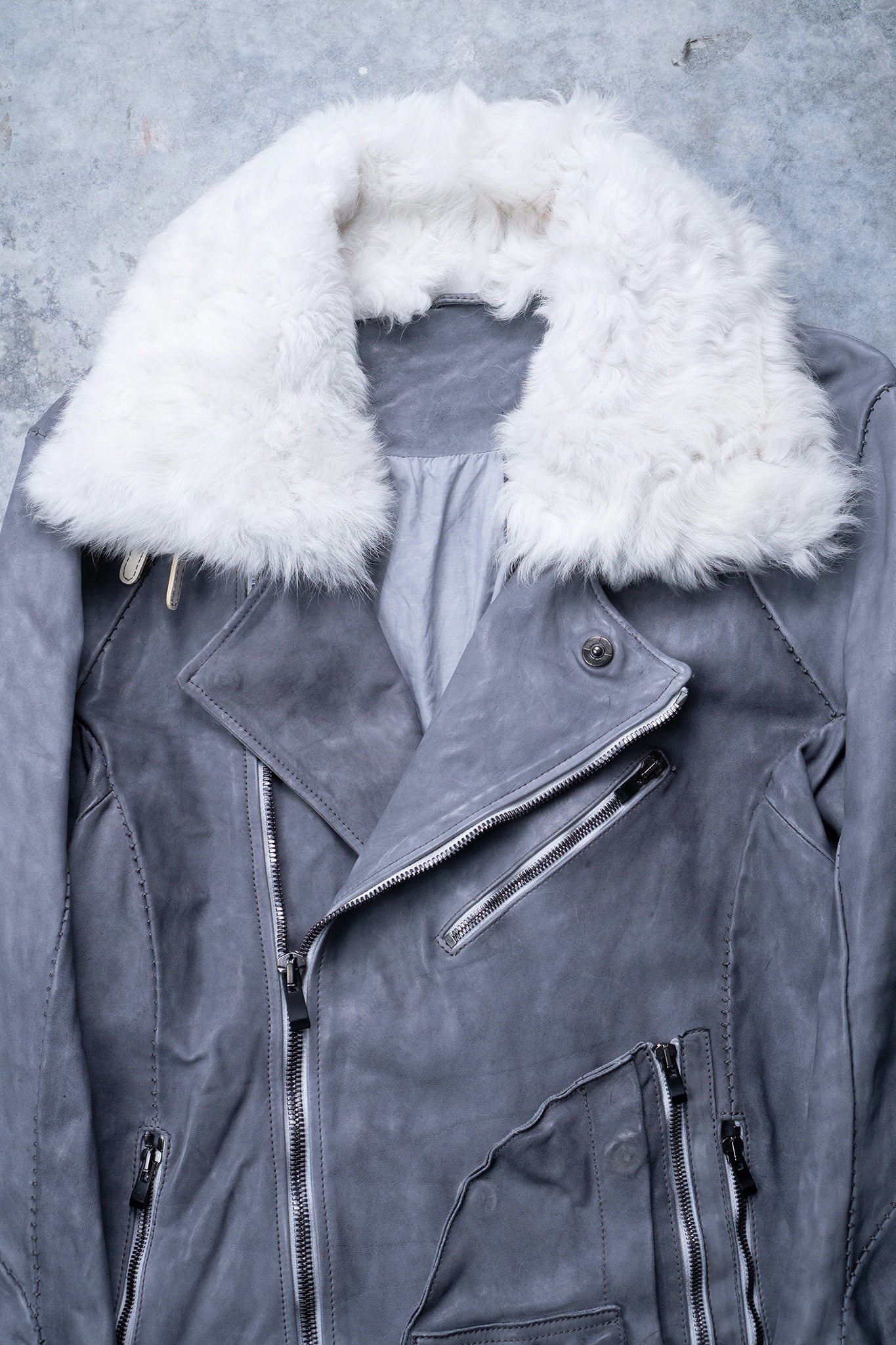 HORSE WHITE LEATHER DOUBLE BREAST MILITARY MOTO OVER POCKET MB-2 WITH SHEARLING COLLAR