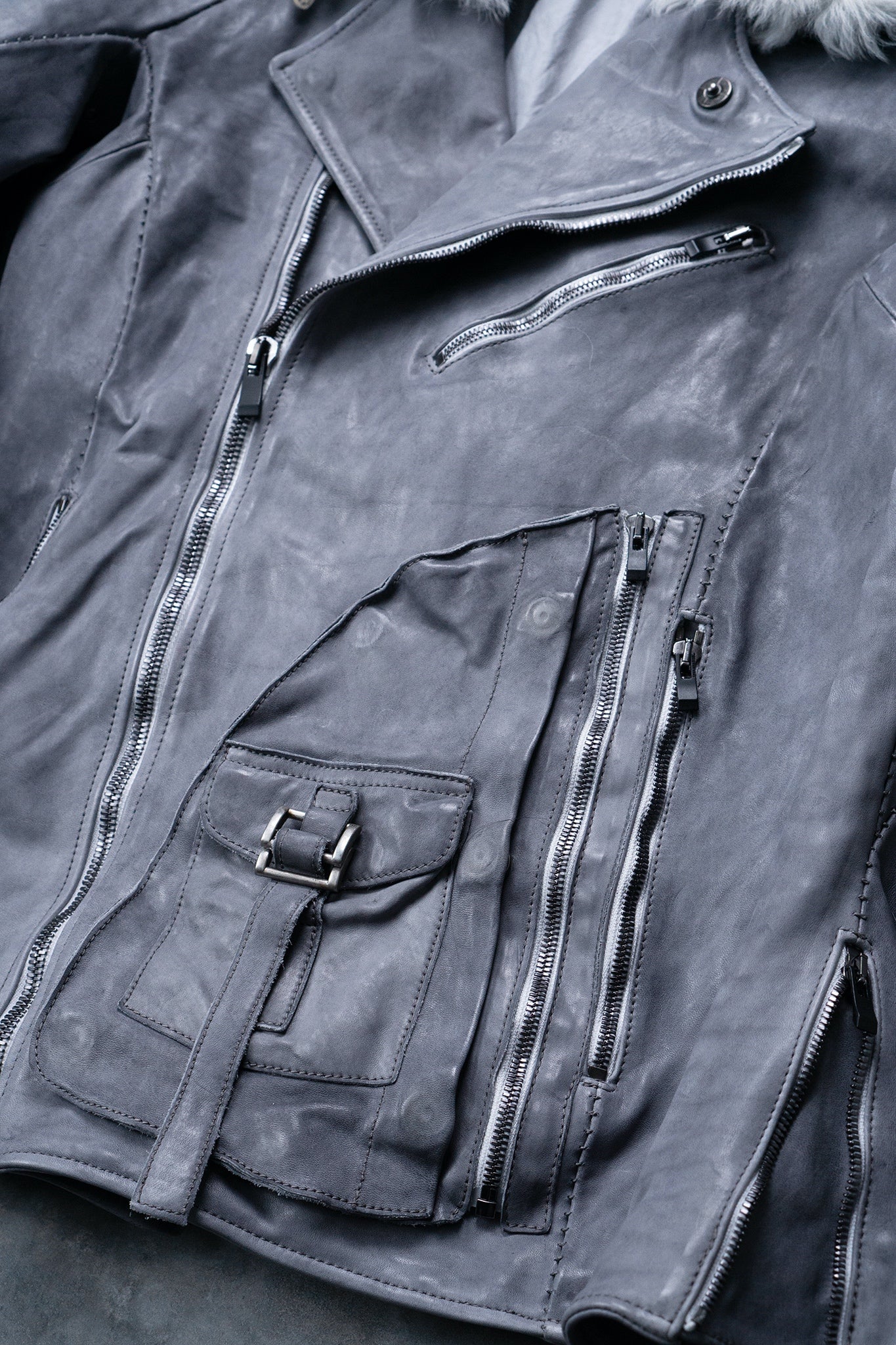 HORSE WHITE LEATHER DOUBLE BREAST MILITARY MOTO OVER POCKET MB-2 WITH SHEARLING COLLAR
