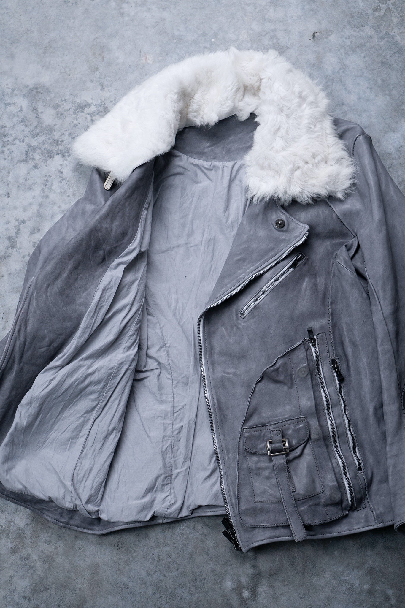 HORSE WHITE LEATHER DOUBLE BREAST MILITARY MOTO OVER POCKET MB-2 WITH SHEARLING COLLAR