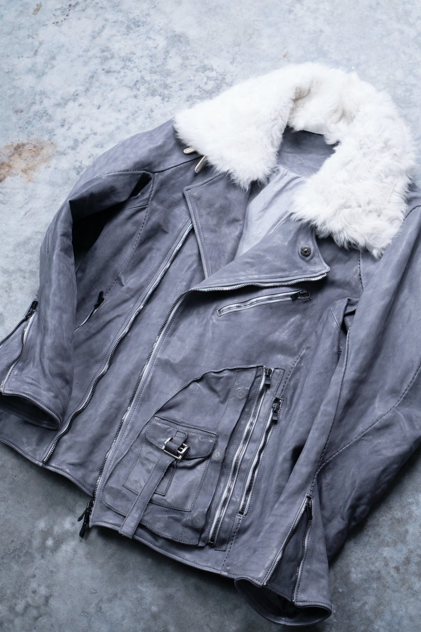 HORSE WHITE LEATHER DOUBLE BREAST MILITARY MOTO OVER POCKET MB-2 WITH SHEARLING COLLAR