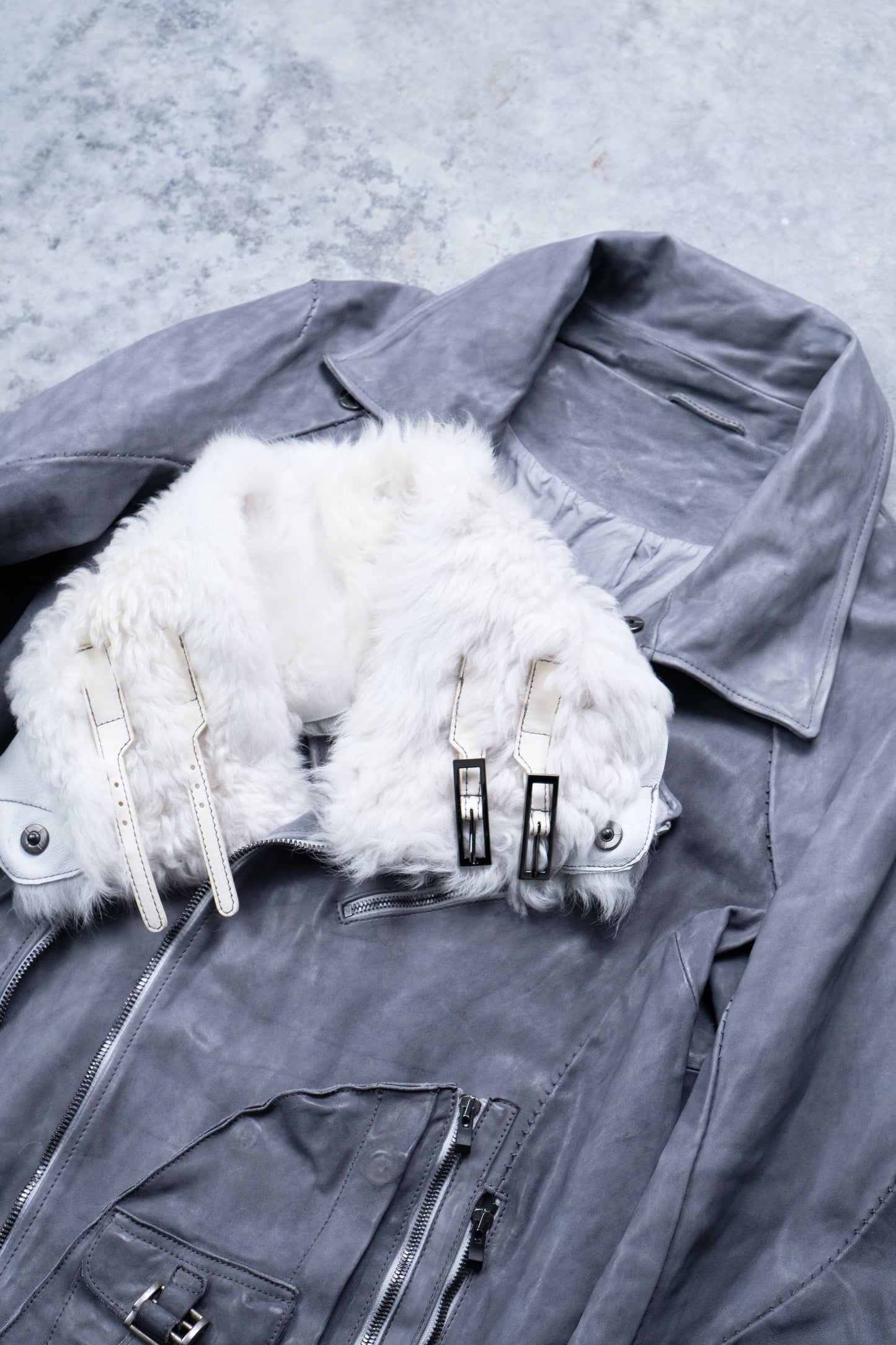 HORSE WHITE LEATHER DOUBLE BREAST MILITARY MOTO OVER POCKET MB-2 WITH SHEARLING COLLAR