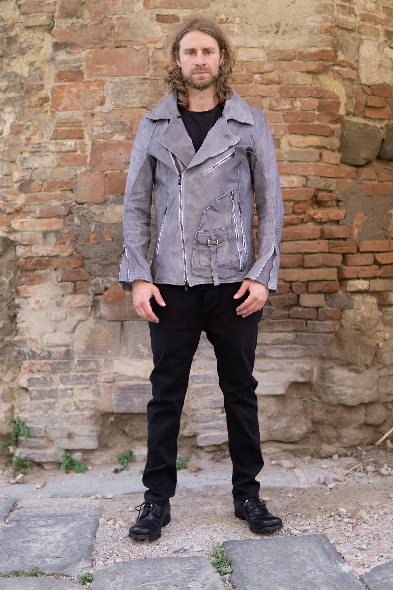 HORSE WHITE LEATHER DOUBLE BREAST MILITARY MOTO OVER POCKET MB-2 WITH SHEARLING COLLAR