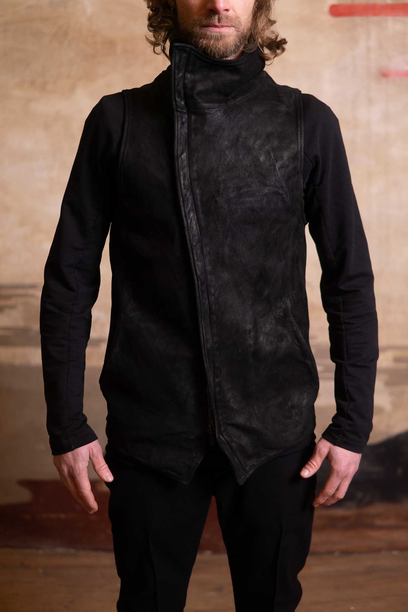 HEAVY WEIGHT SHEEP LEATHER HIGH COLLAR ZIP VEST LINED HV-1
