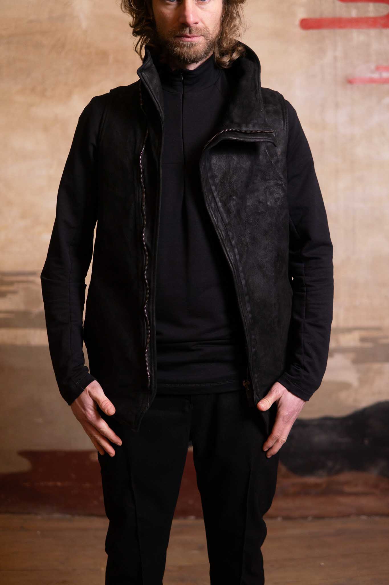 HEAVY WEIGHT SHEEP LEATHER HIGH COLLAR ZIP VEST LINED HV-1