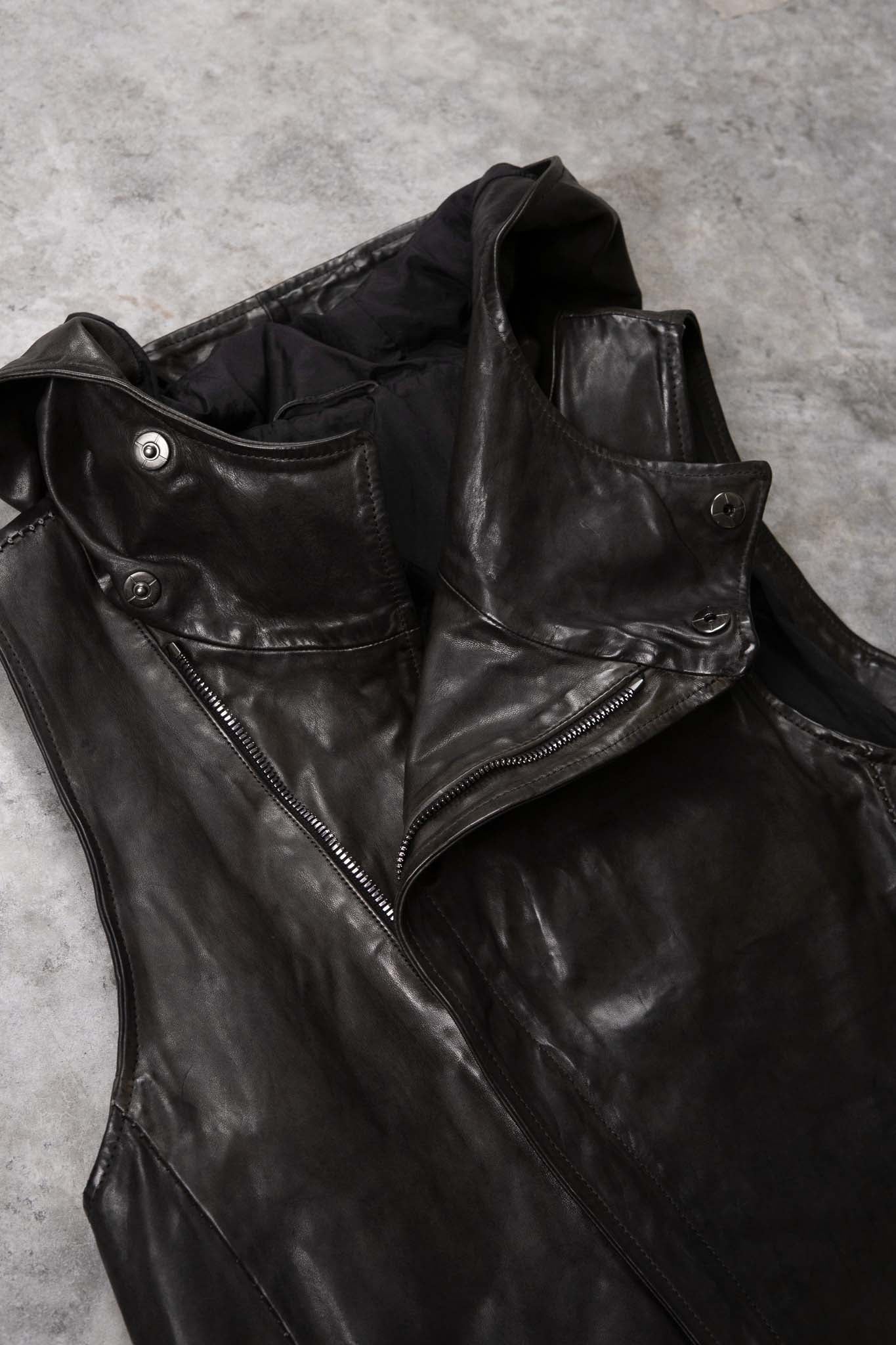 HORSE LEATHER HI COLLAR HOODED ZIP FRONT VEST LINED HV-2