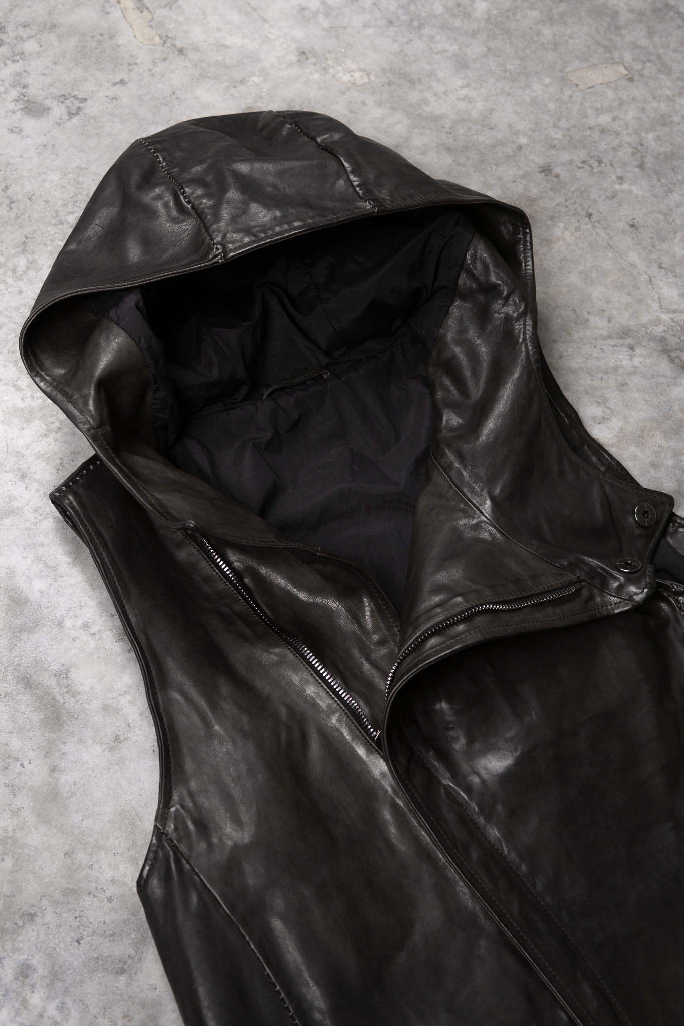HORSE LEATHER HI COLLAR HOODED ZIP FRONT VEST LINED HV-2