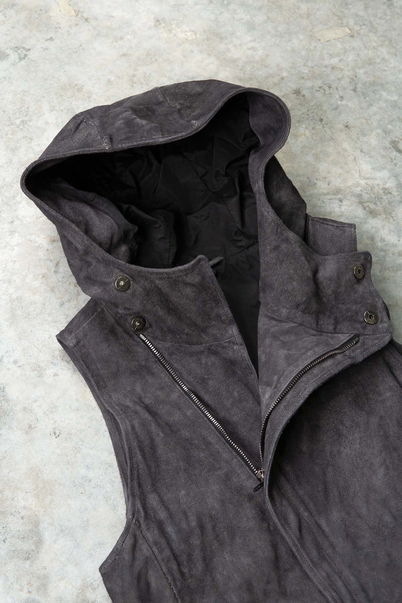 HORSE LEATHER HI NECK HOODED ZIP FRONT VEST LINED HV-2