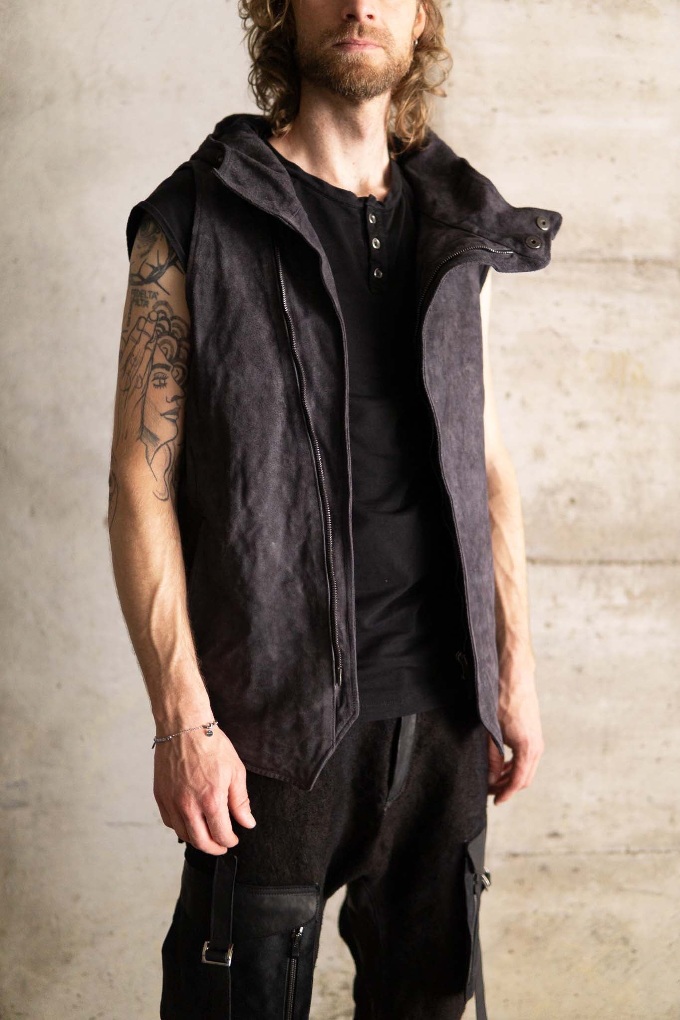 HORSE LEATHER HI NECK HOODED ZIP FRONT VEST LINED HV-2
