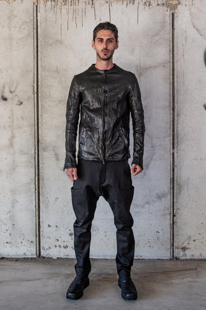 HORSE LEATHER COLLARLESS BIKER JACKET PMT-1 BLACK EDITION