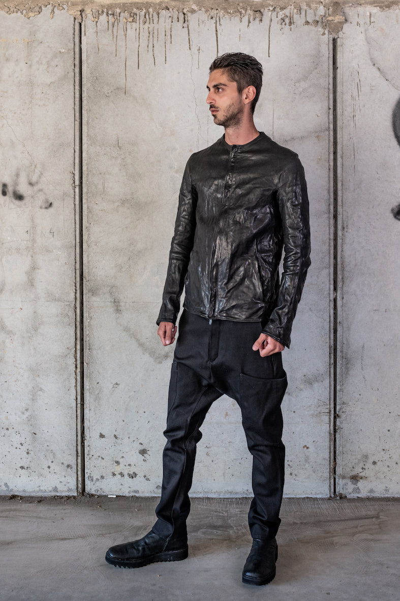 HORSE LEATHER COLLARLESS BIKER JACKET PMT-1 BLACK EDITION