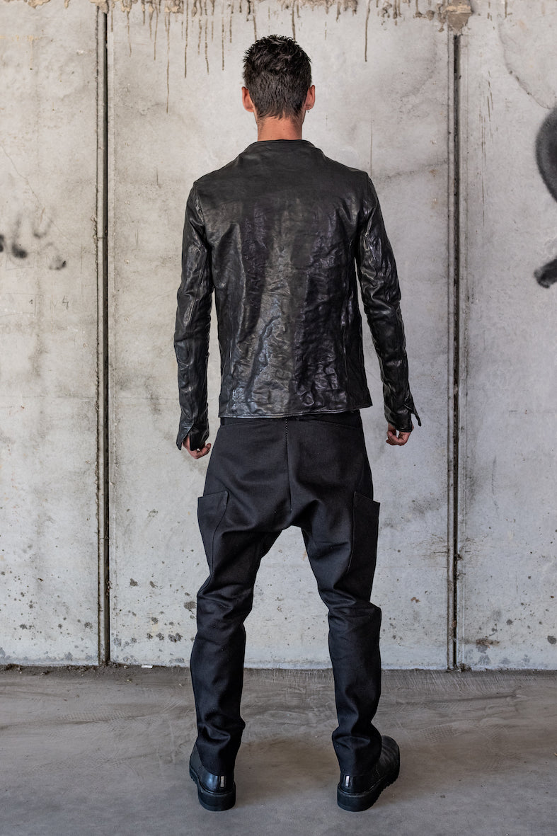 HORSE LEATHER COLLARLESS BIKER JACKET PMT-1 BLACK EDITION