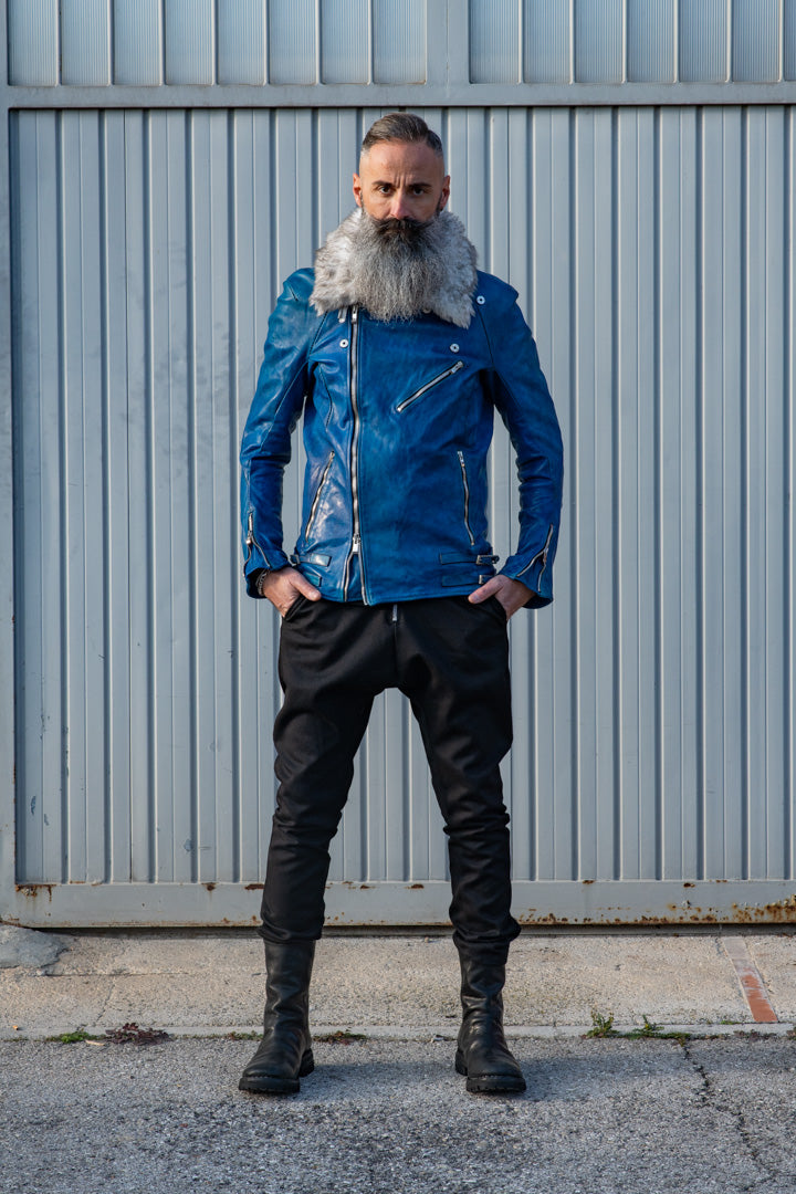 HORSE LEATHER DOUBLE BREAST MOTO LINED MB-2S WITH SHEARLING COLLAR