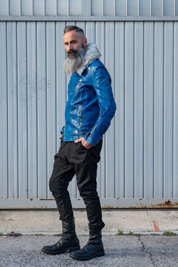 HORSE LEATHER DOUBLE BREAST MOTO LINED MB-2S WITH SHEARLING COLLAR