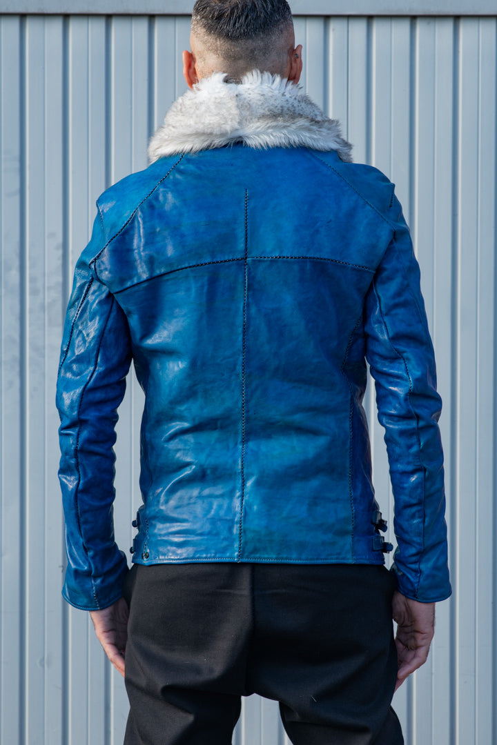HORSE LEATHER DOUBLE BREAST MOTO LINED MB-2S WITH SHEARLING COLLAR