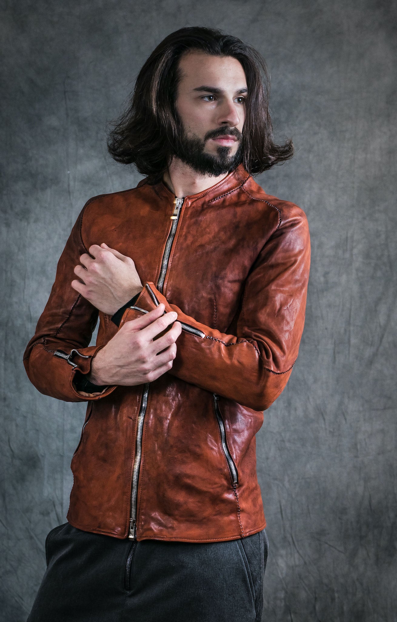HORSE LEATHER COLLARLESS BIKER JACKET JB-4