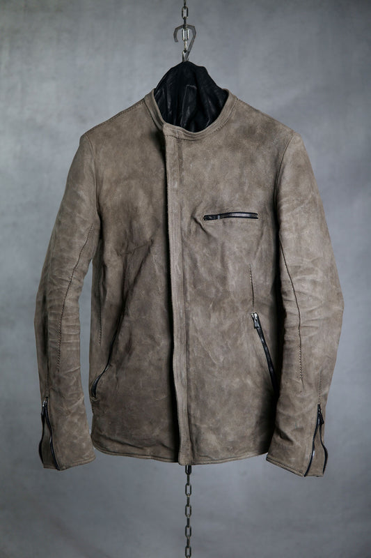 HORSE LEATHER STAND UP COLLAR JACKET WITH ONE PIECE SLEEVES
