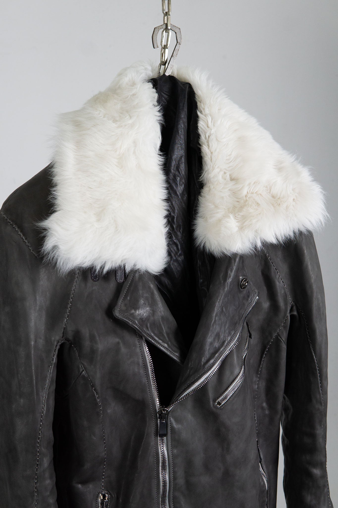 HORSE LEATHER DOUBLE BREAST MOTO LINED MB-2S WITH SHEARLING COLLAR