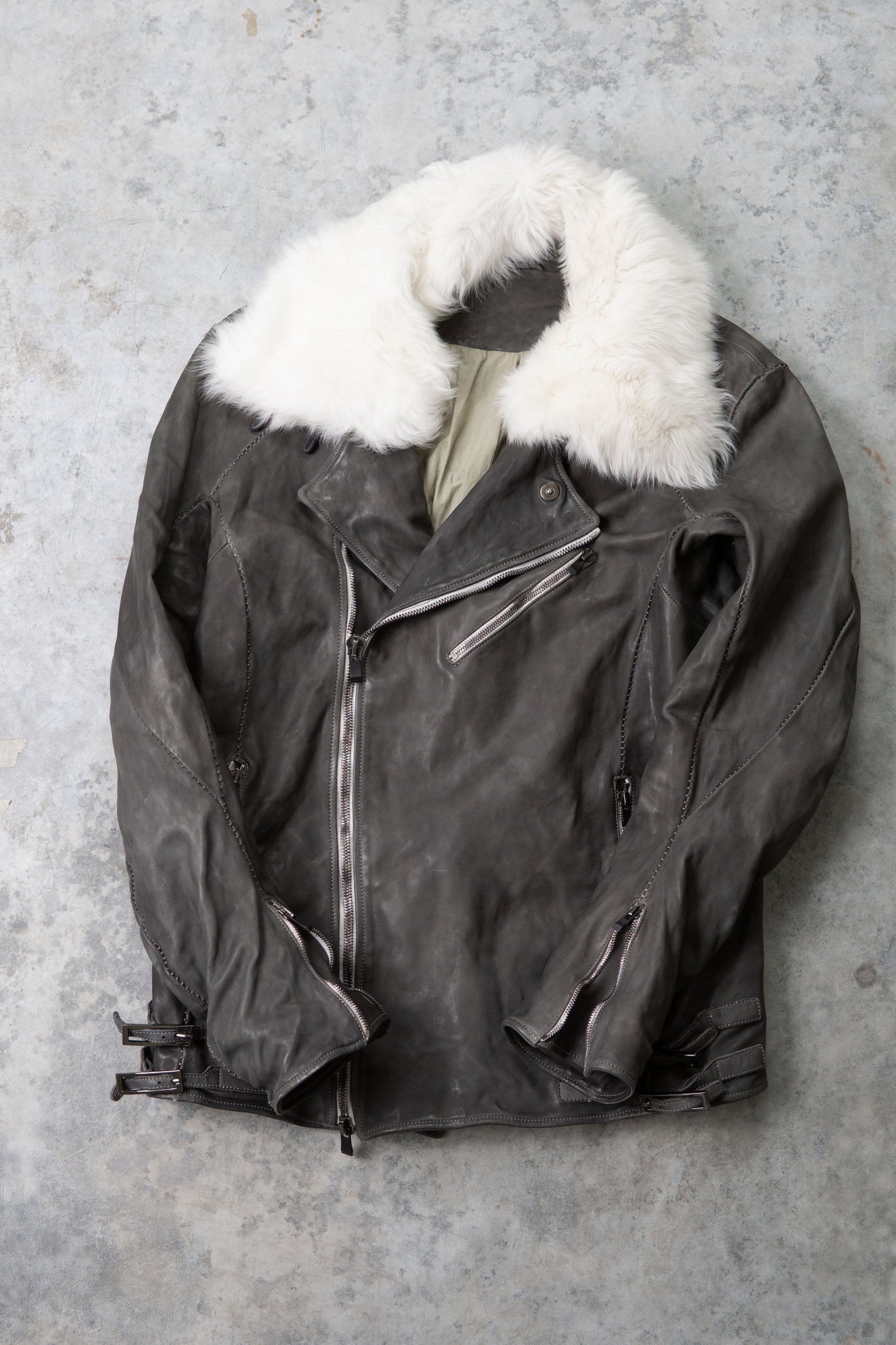 HORSE LEATHER DOUBLE BREAST MOTO LINED MB-2S WITH SHEARLING COLLAR