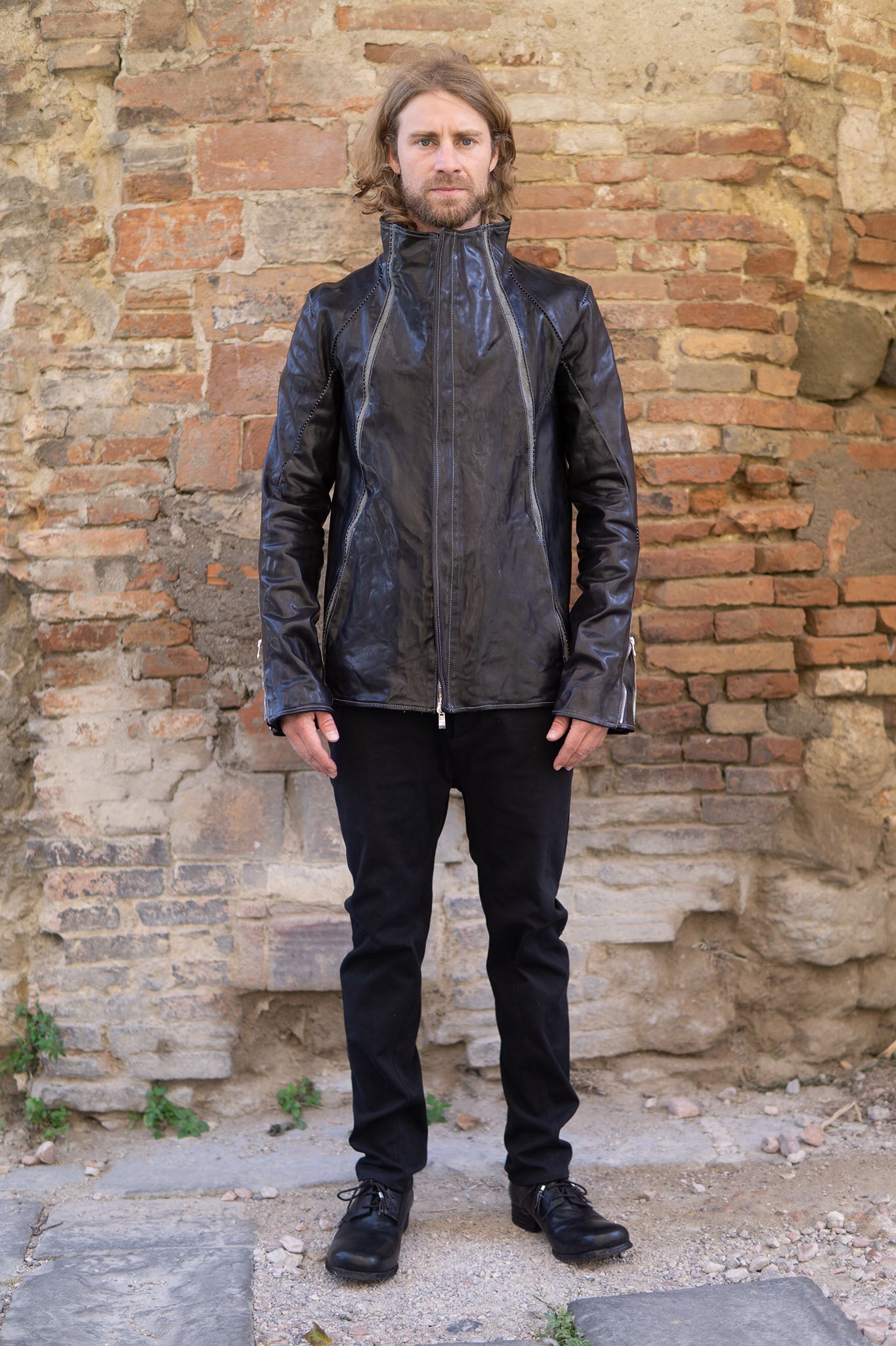 HORSE LEATHER HIGH COLLAR JACKET W/ELASTIC LINED JB-7E