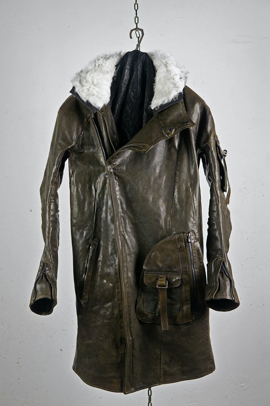 HORSE LEATHER DOUBLE BREAST MOTO COAT LINED JCP-3 SHEARLING HOOD