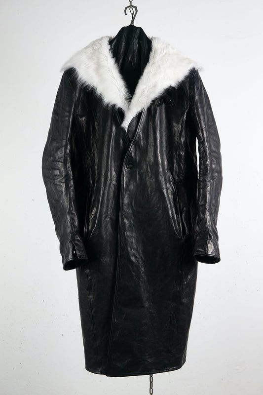 HORSE LEATHER LAPELLESS LONG JACKET LINED JJK-1L　WITH SHEARLING HOOD