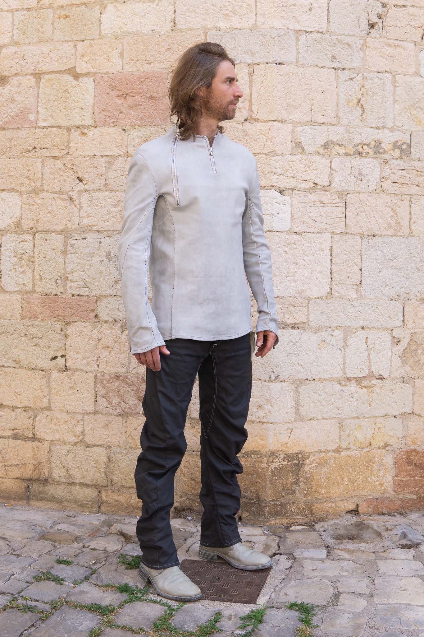 SHEEP WHITE LEATHER NO COLLAR PULL OVER MOTO IM-2 UNLINED