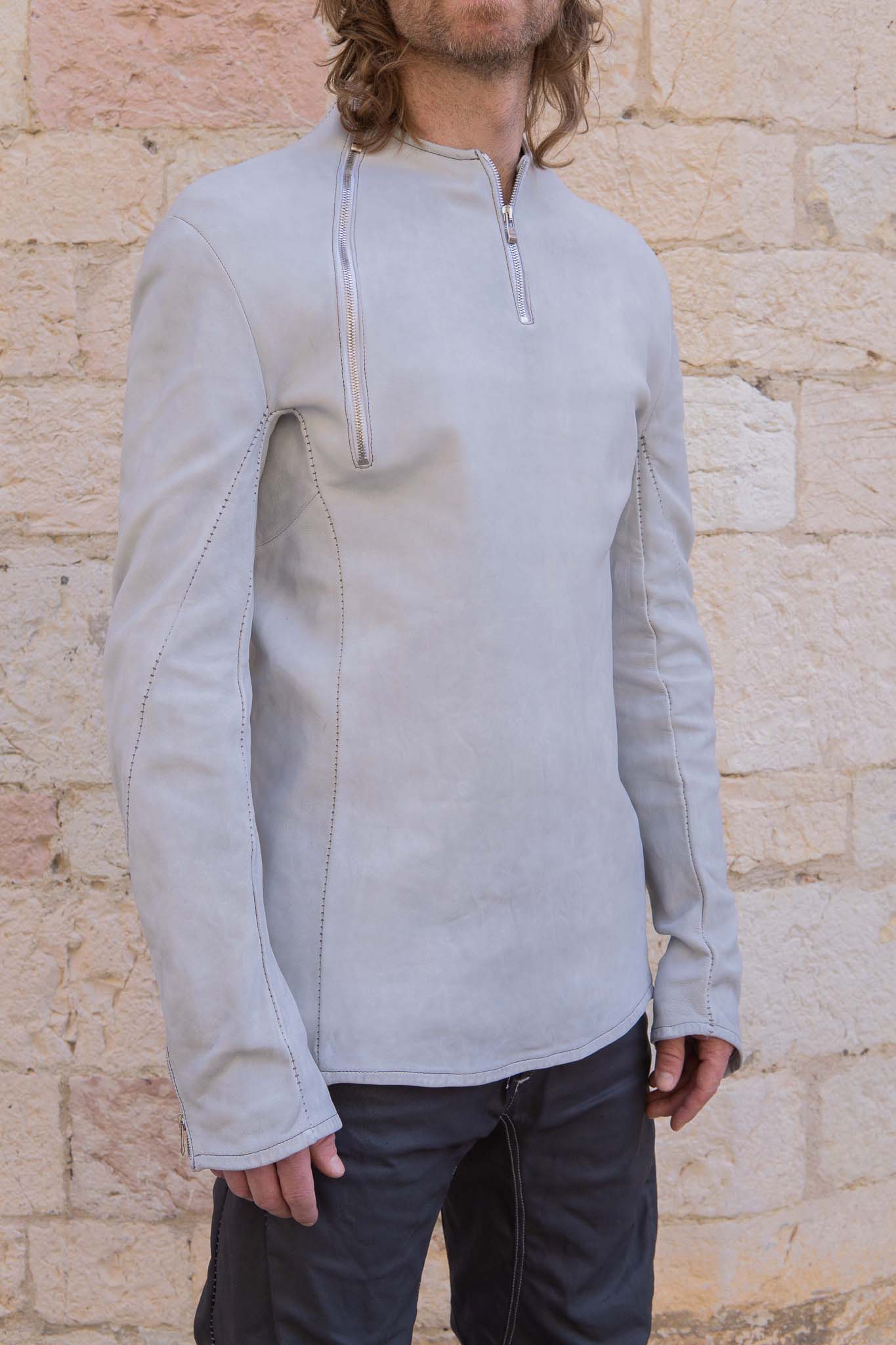 SHEEP WHITE LEATHER NO COLLAR PULL OVER MOTO IM-2 UNLINED