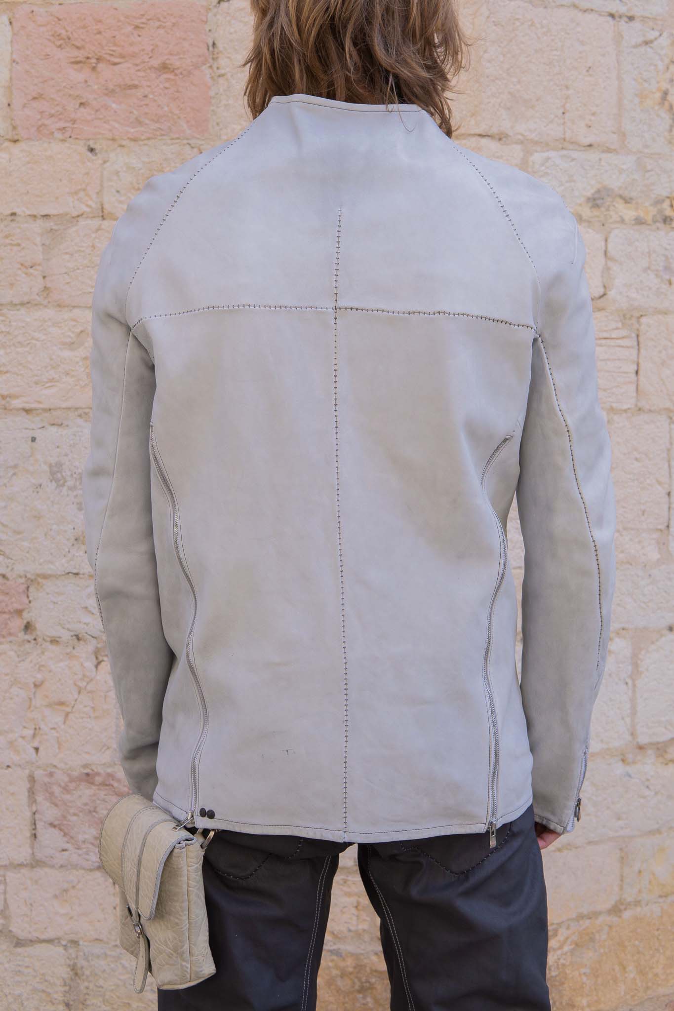 SHEEP WHITE LEATHER NO COLLAR PULL OVER MOTO IM-2 UNLINED