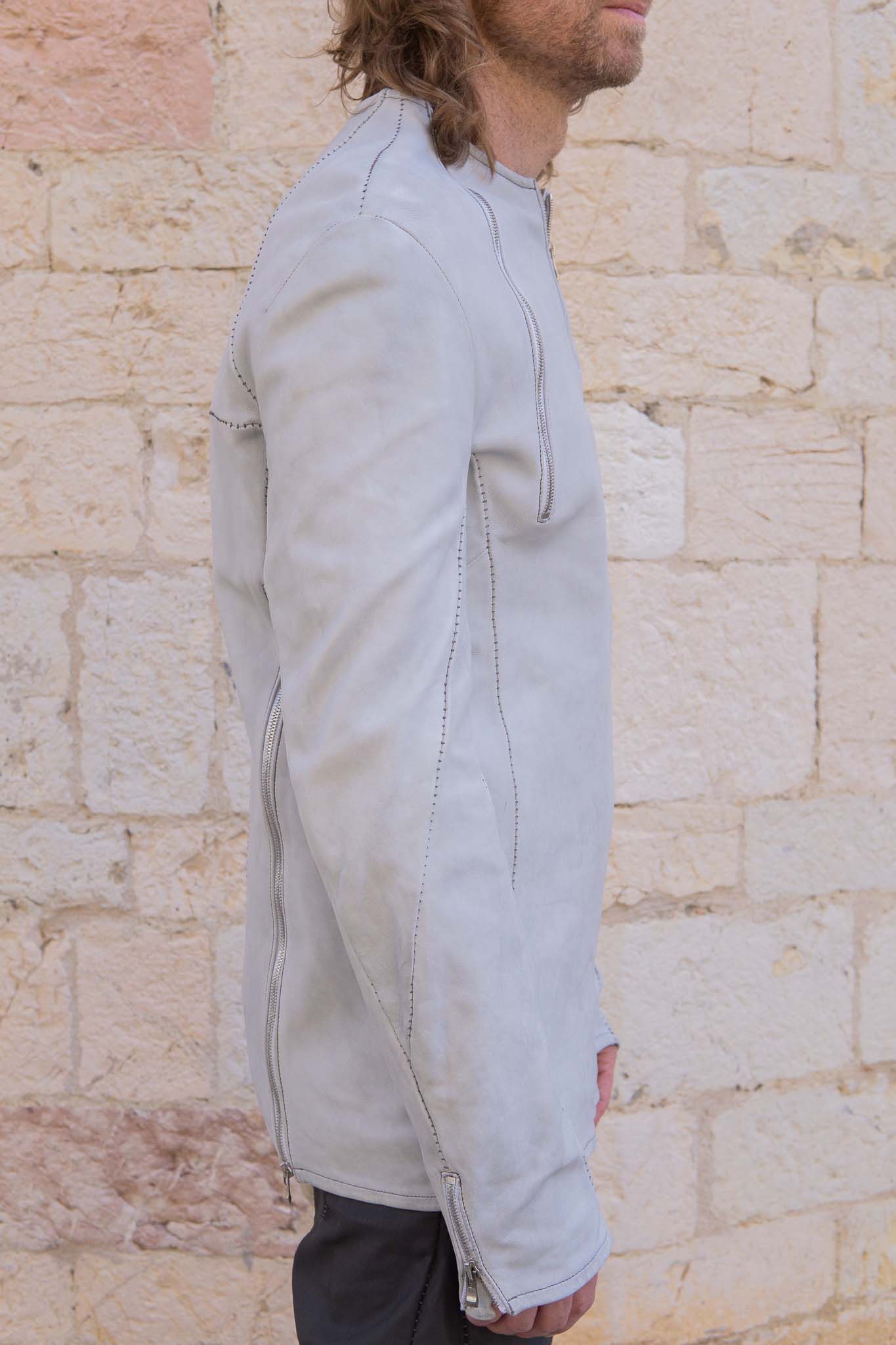 SHEEP WHITE LEATHER NO COLLAR PULL OVER MOTO IM-2 UNLINED