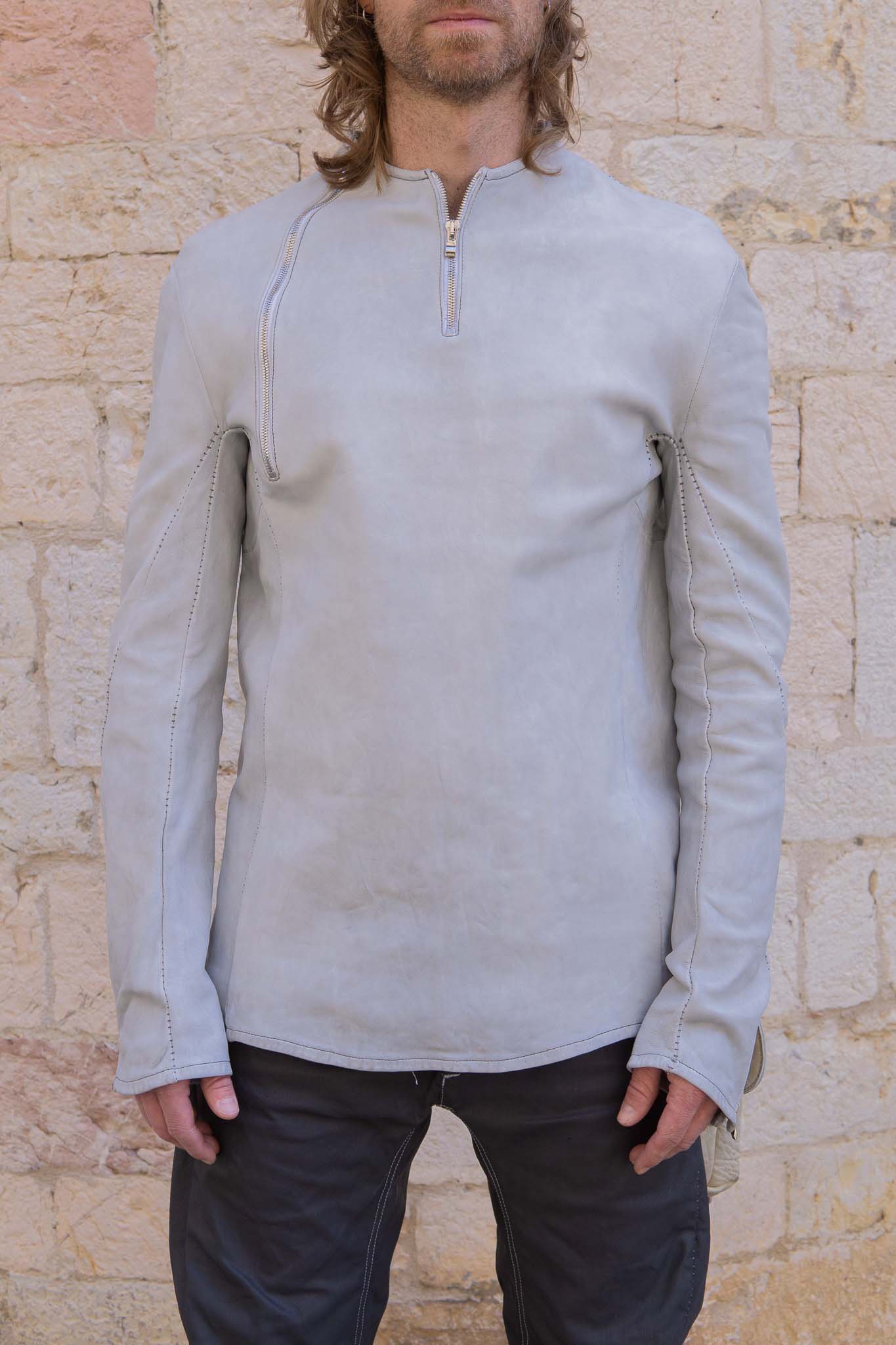 SHEEP WHITE LEATHER NO COLLAR PULL OVER MOTO IM-2 UNLINED