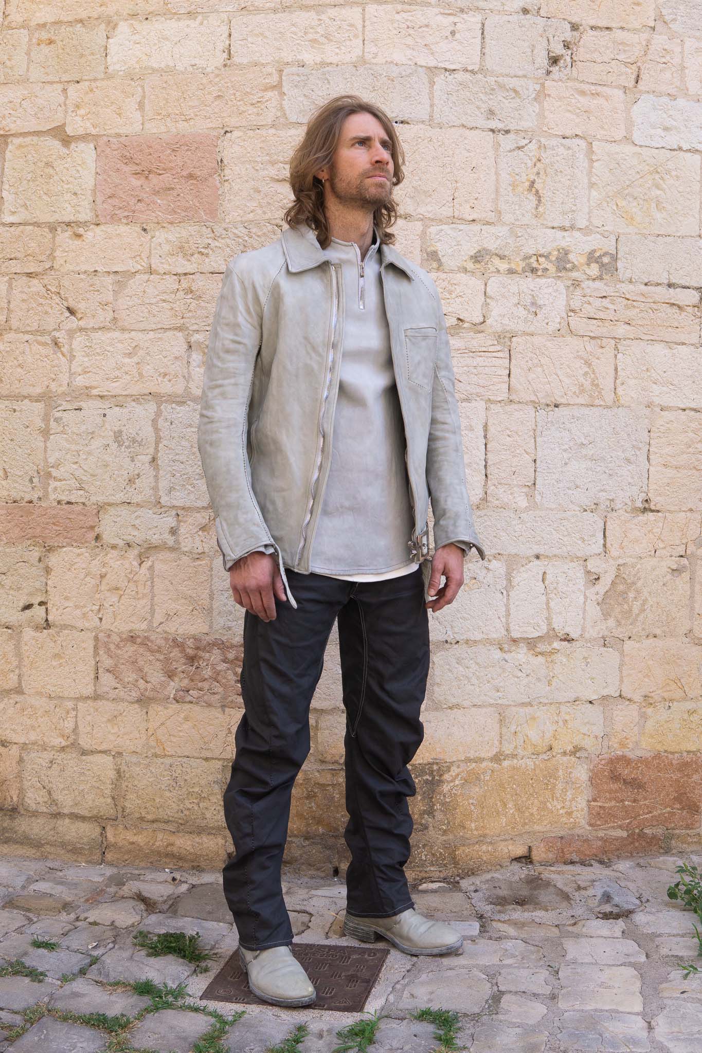 HORSE WHITE LEATHER SHIRT COLLAR MOTO   MB-7 LINED