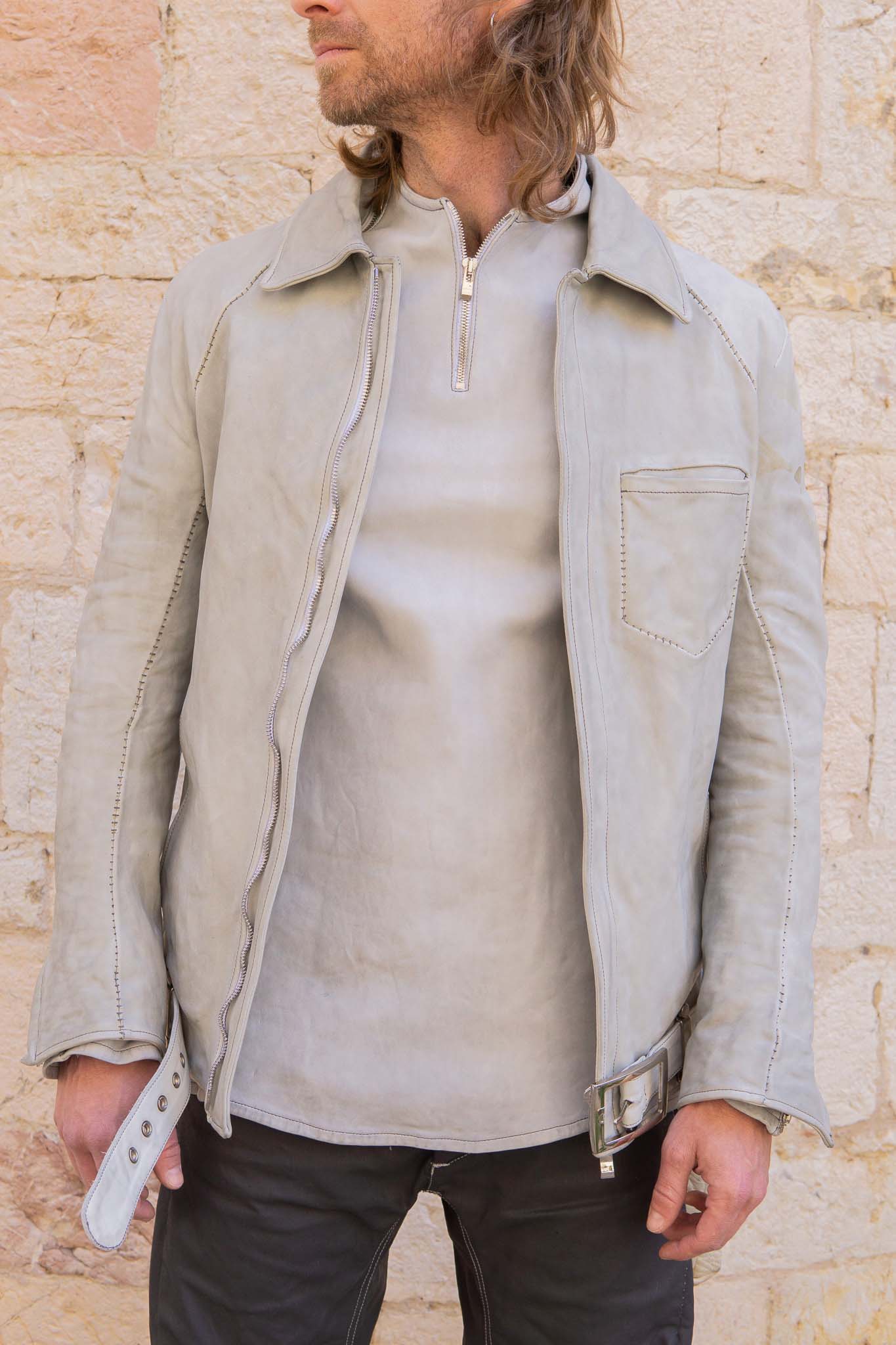 HORSE WHITE LEATHER SHIRT COLLAR MOTO   MB-7 LINED