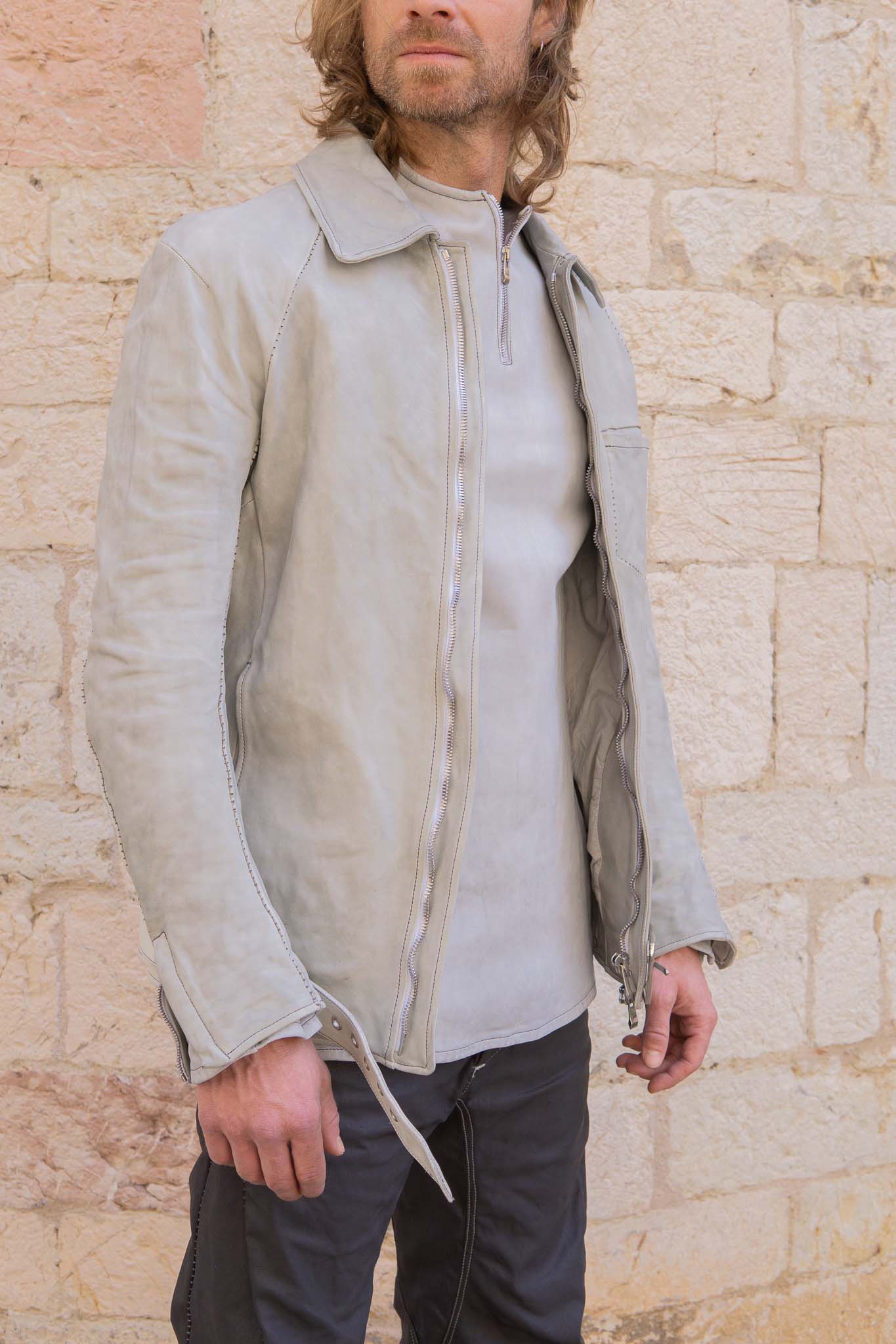 HORSE WHITE LEATHER SHIRT COLLAR MOTO   MB-7 LINED