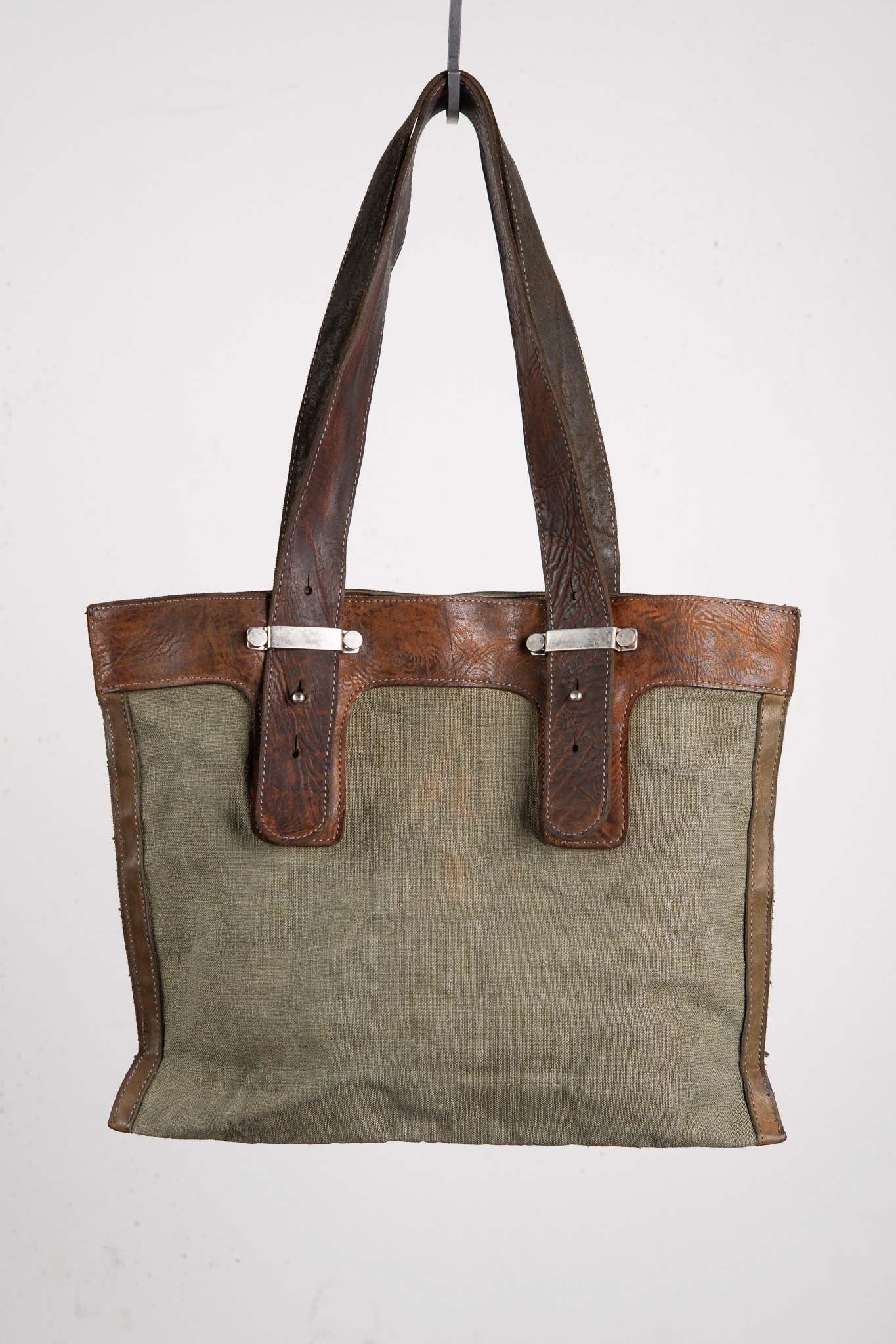HORSE BUTT RG LEATHER + 1950's VINTAGE LINEN  BAG TOTE MM-6